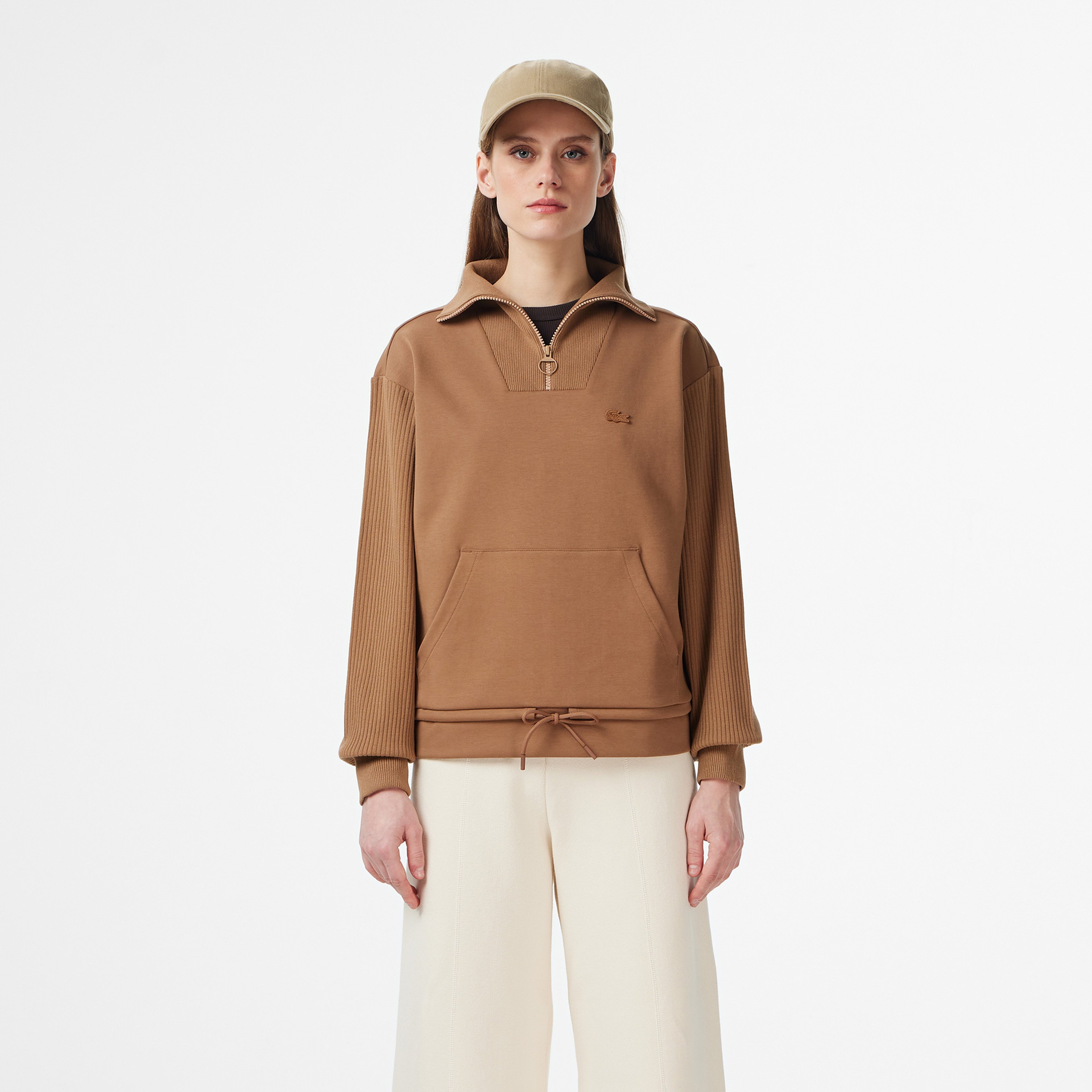 Kadın Relaxed Fit Yarım Fermuarlı Kahverengi Sweatshirt