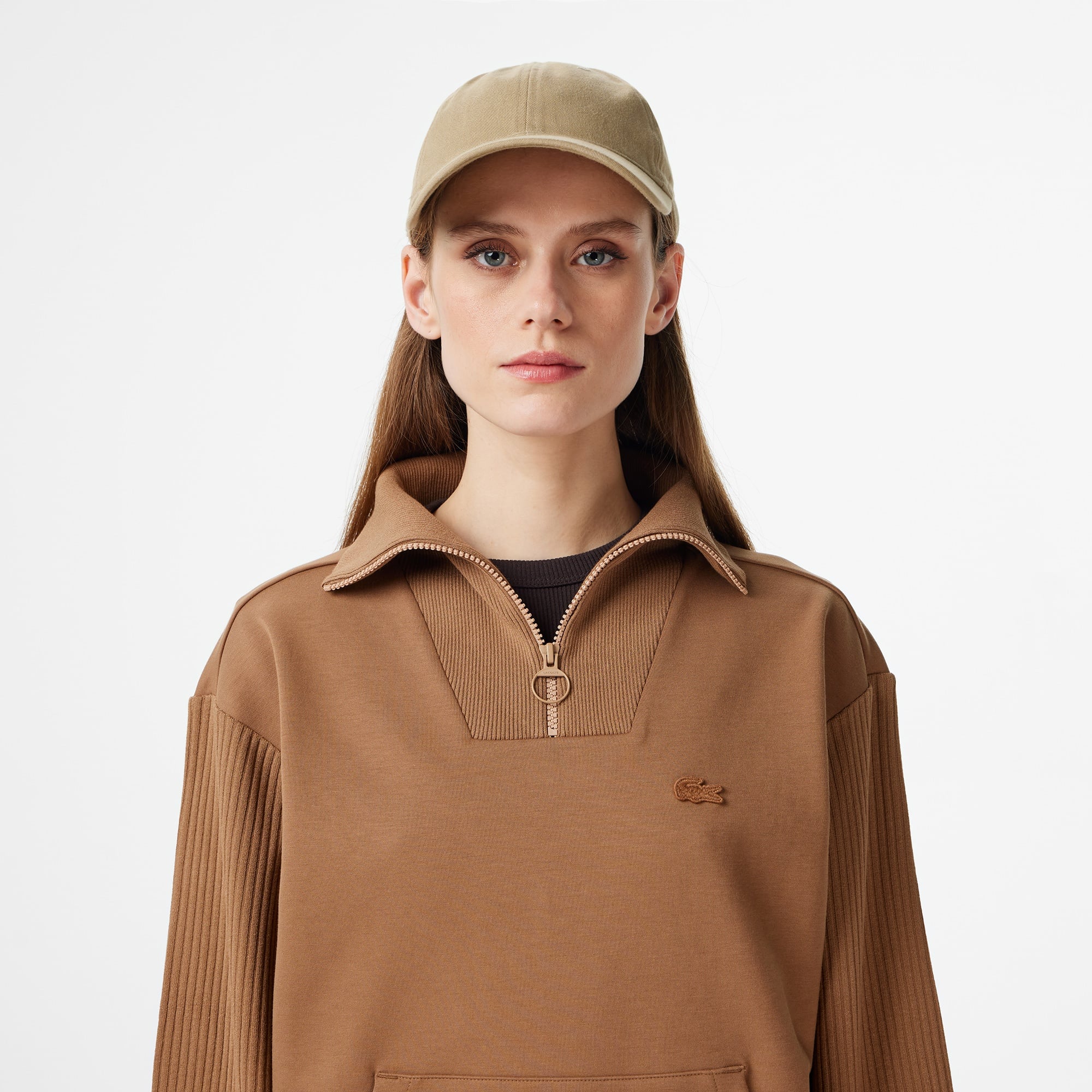 Kadın Relaxed Fit Yarım Fermuarlı Kahverengi Sweatshirt