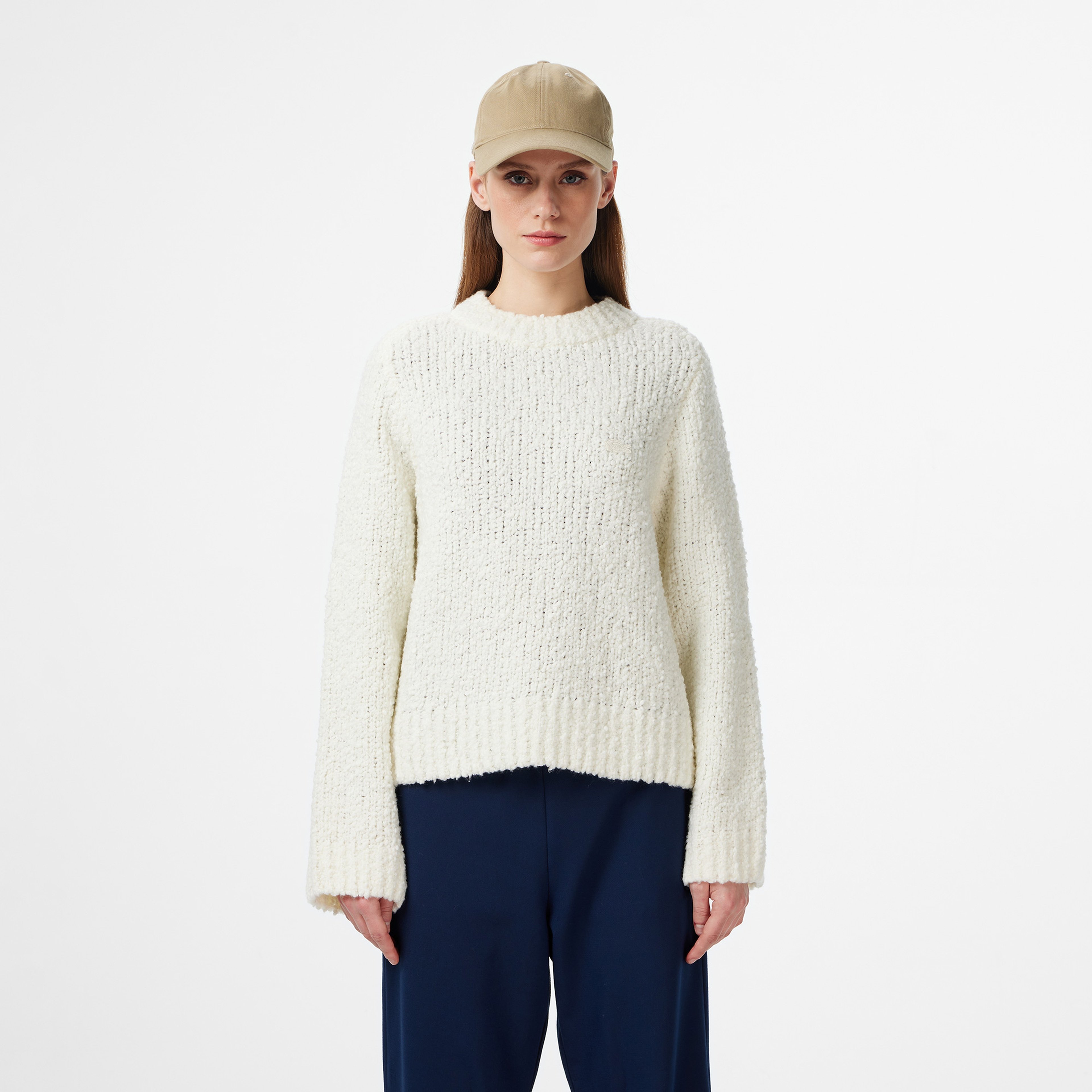 Kadın Classic Fit Bisiklet Yaka Yün Krem Kazak