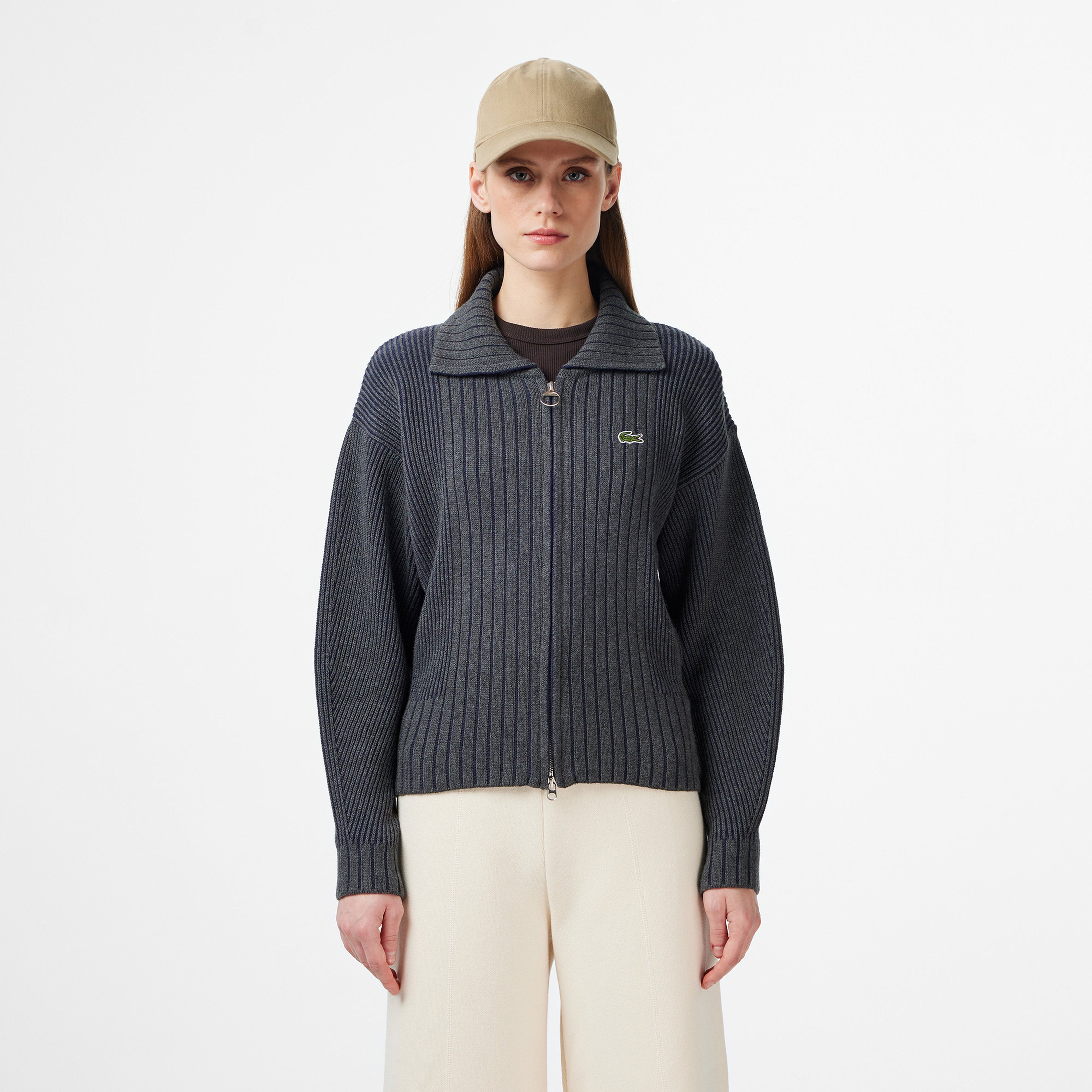 Kadın Relaxed Fit Fermuarlı Gri Hırka