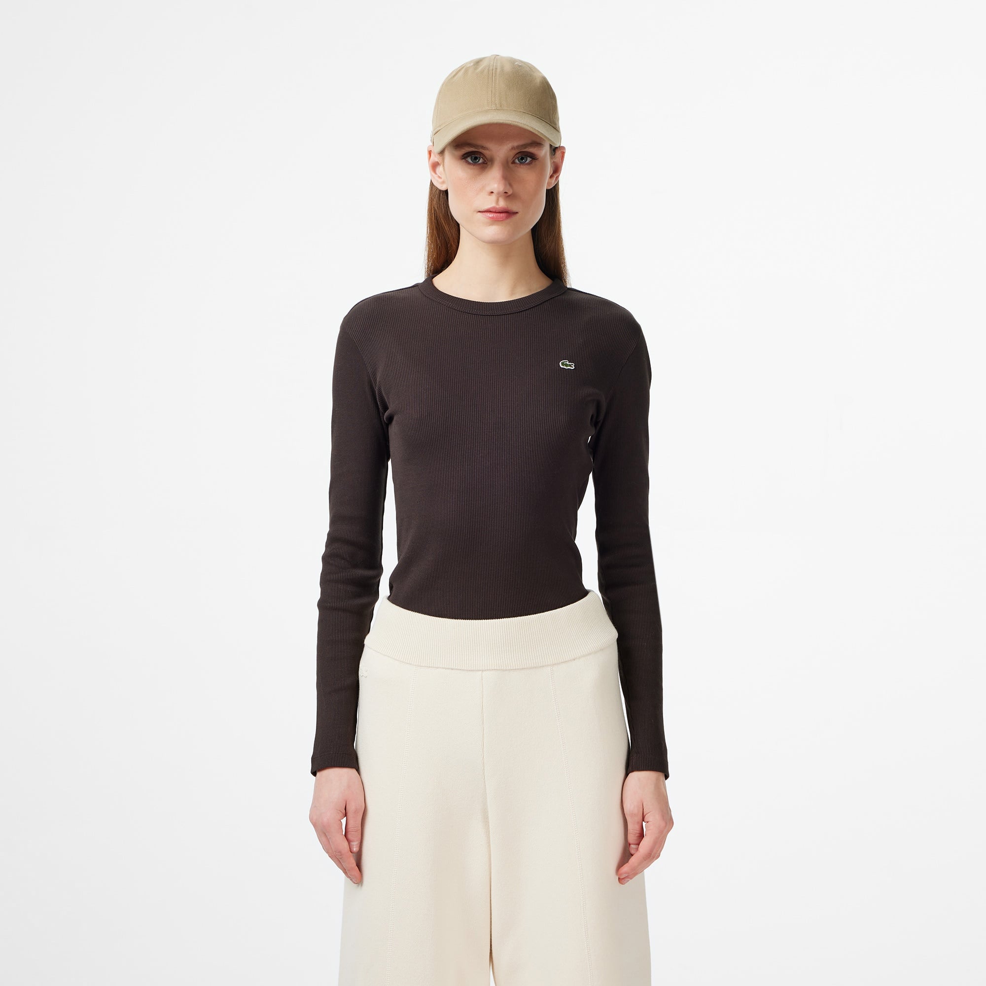 Kadın Slim Fit Uzun Kollu Bisiklet Yaka Kahverengi T-Shirt