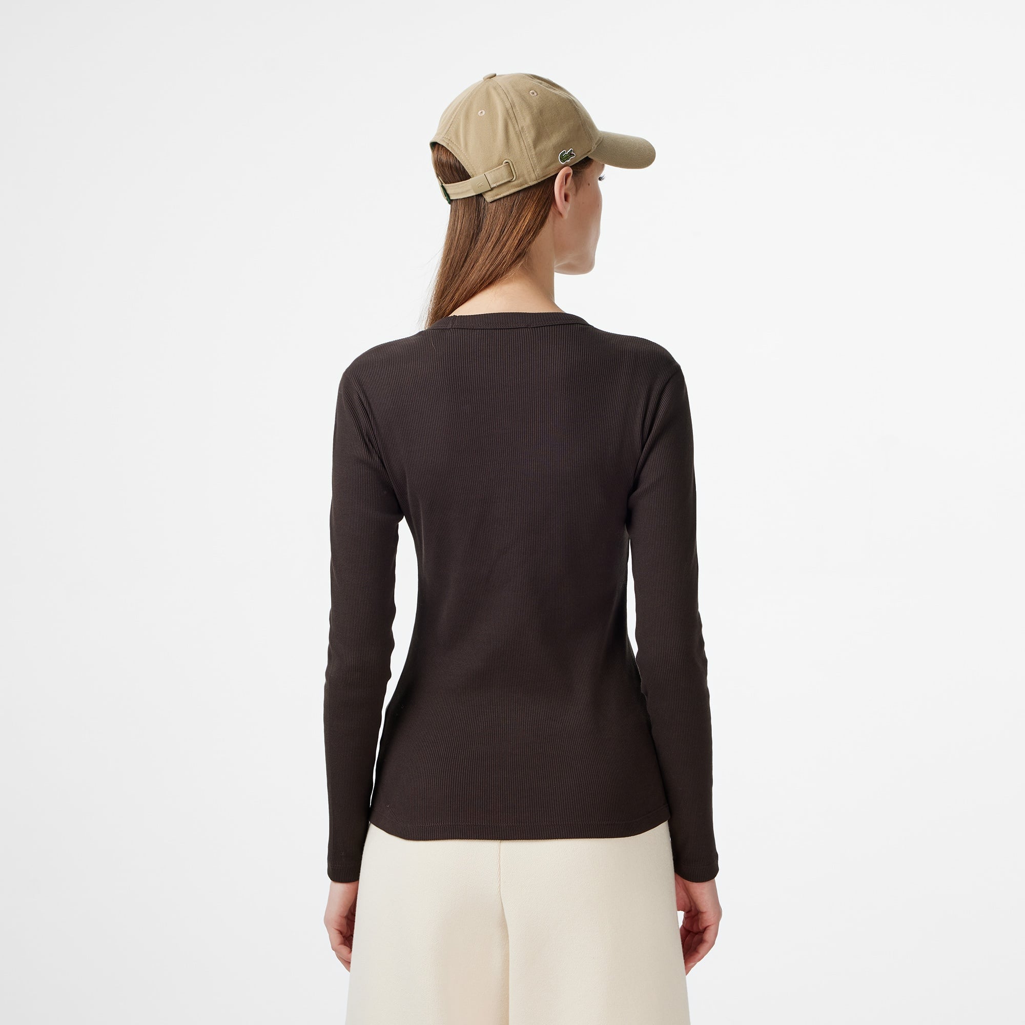 Kadın Slim Fit Uzun Kollu Bisiklet Yaka Kahverengi T-Shirt