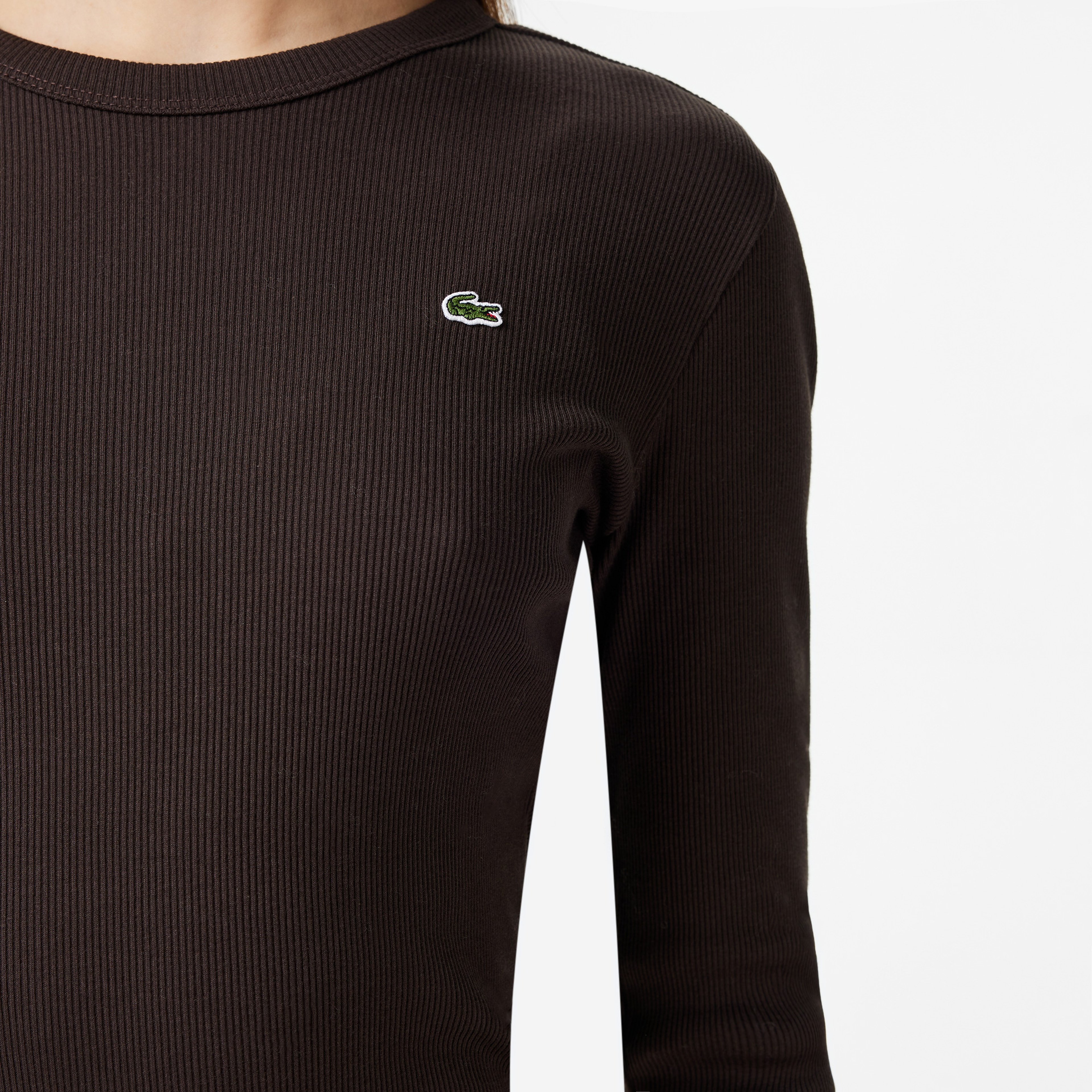 Kadın Slim Fit Uzun Kollu Bisiklet Yaka Kahverengi T-Shirt