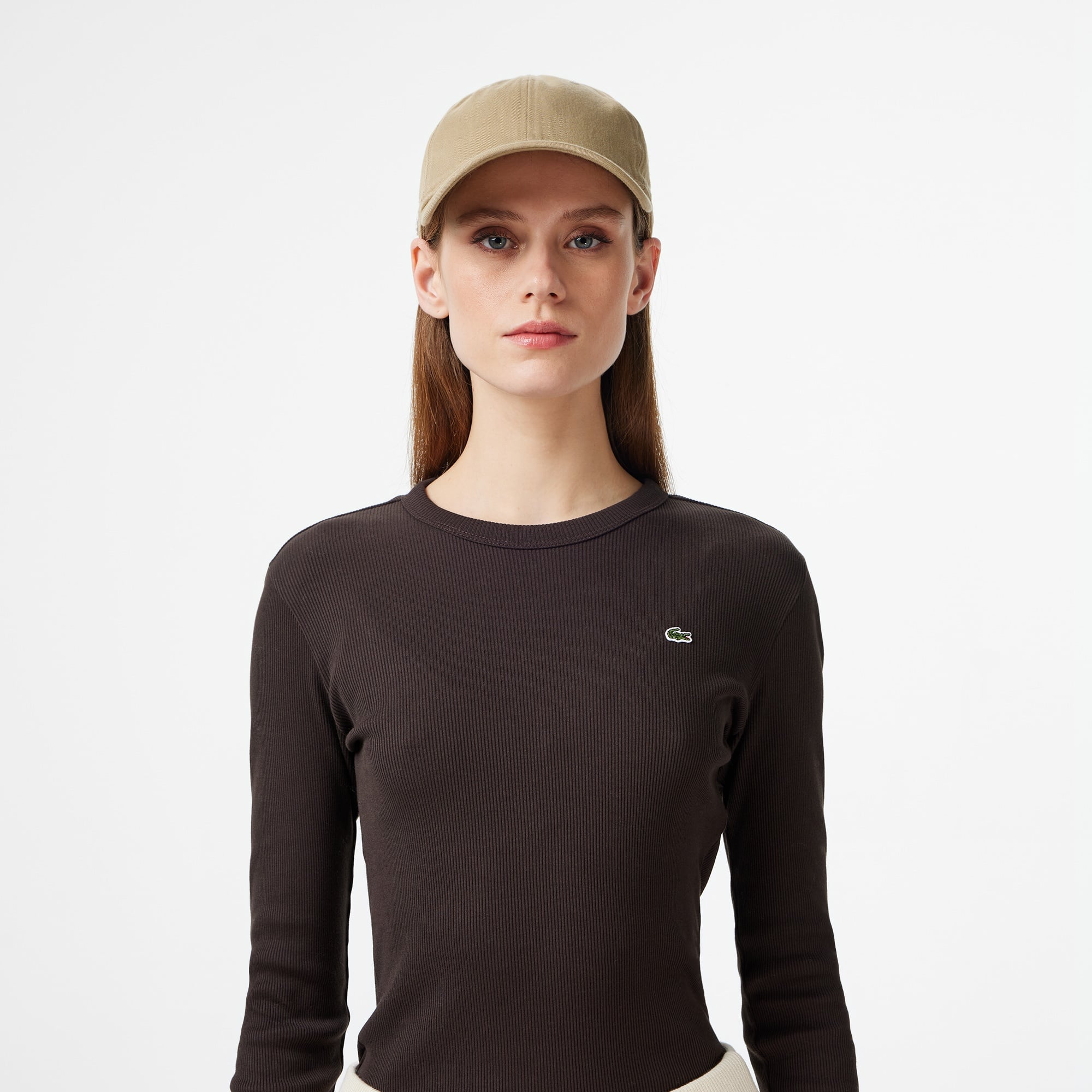 Kadın Slim Fit Uzun Kollu Bisiklet Yaka Kahverengi T-Shirt