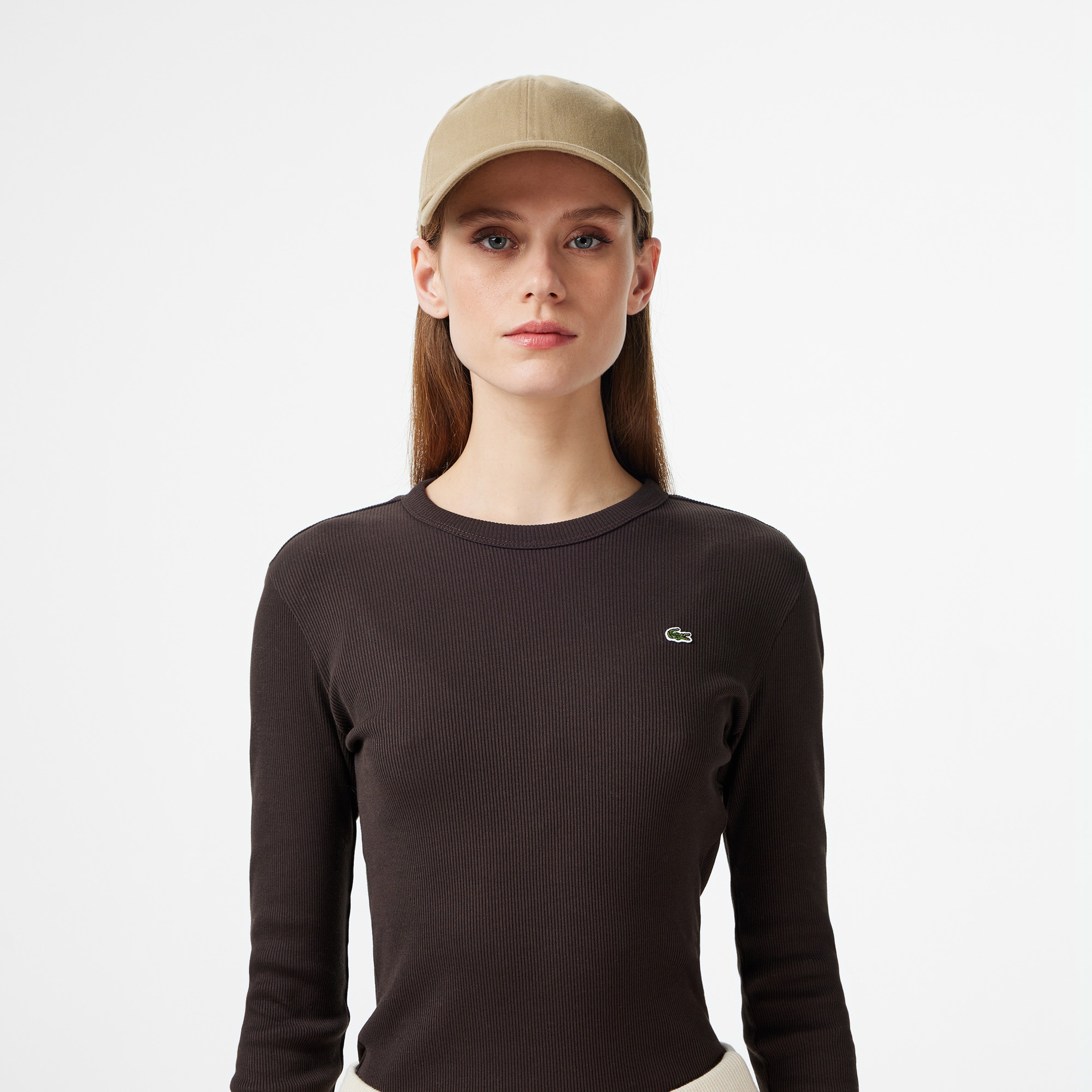 Kadın Slim Fit Uzun Kollu Bisiklet Yaka Kahverengi T-Shirt