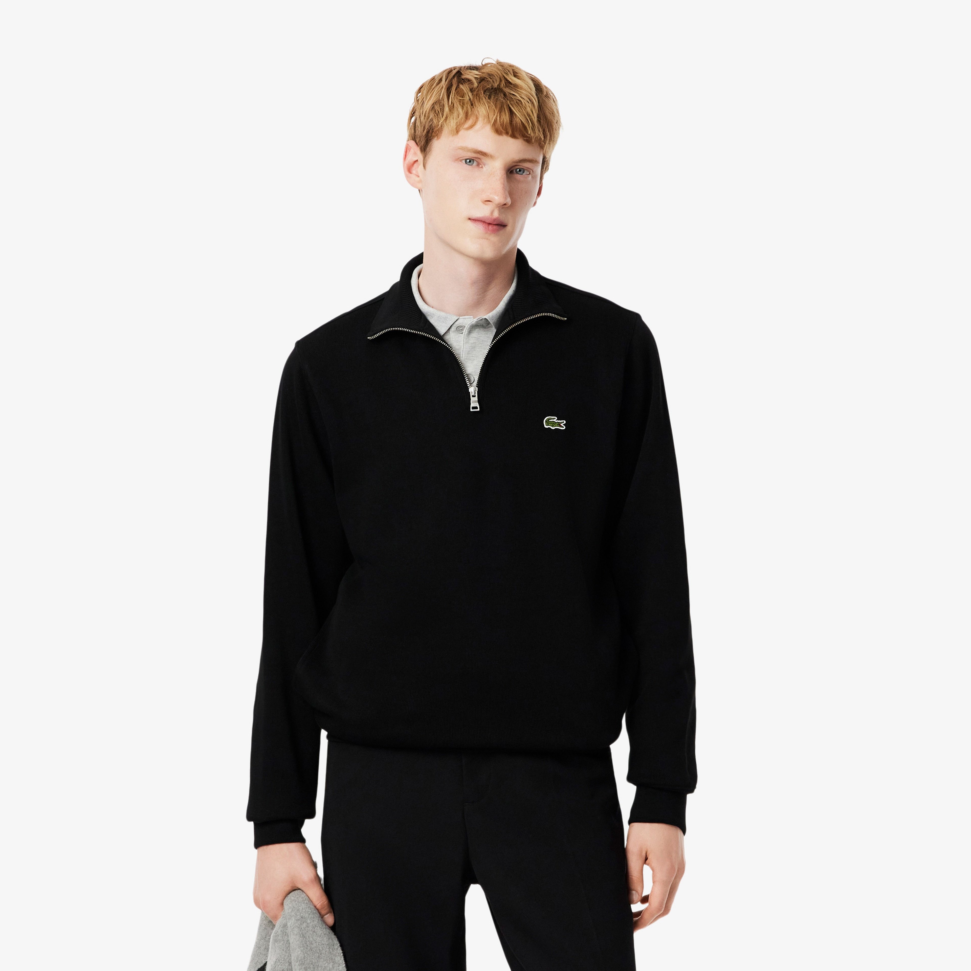 Erkek Classic Fit Yarım Fermuarlı Siyah Sweatshirt