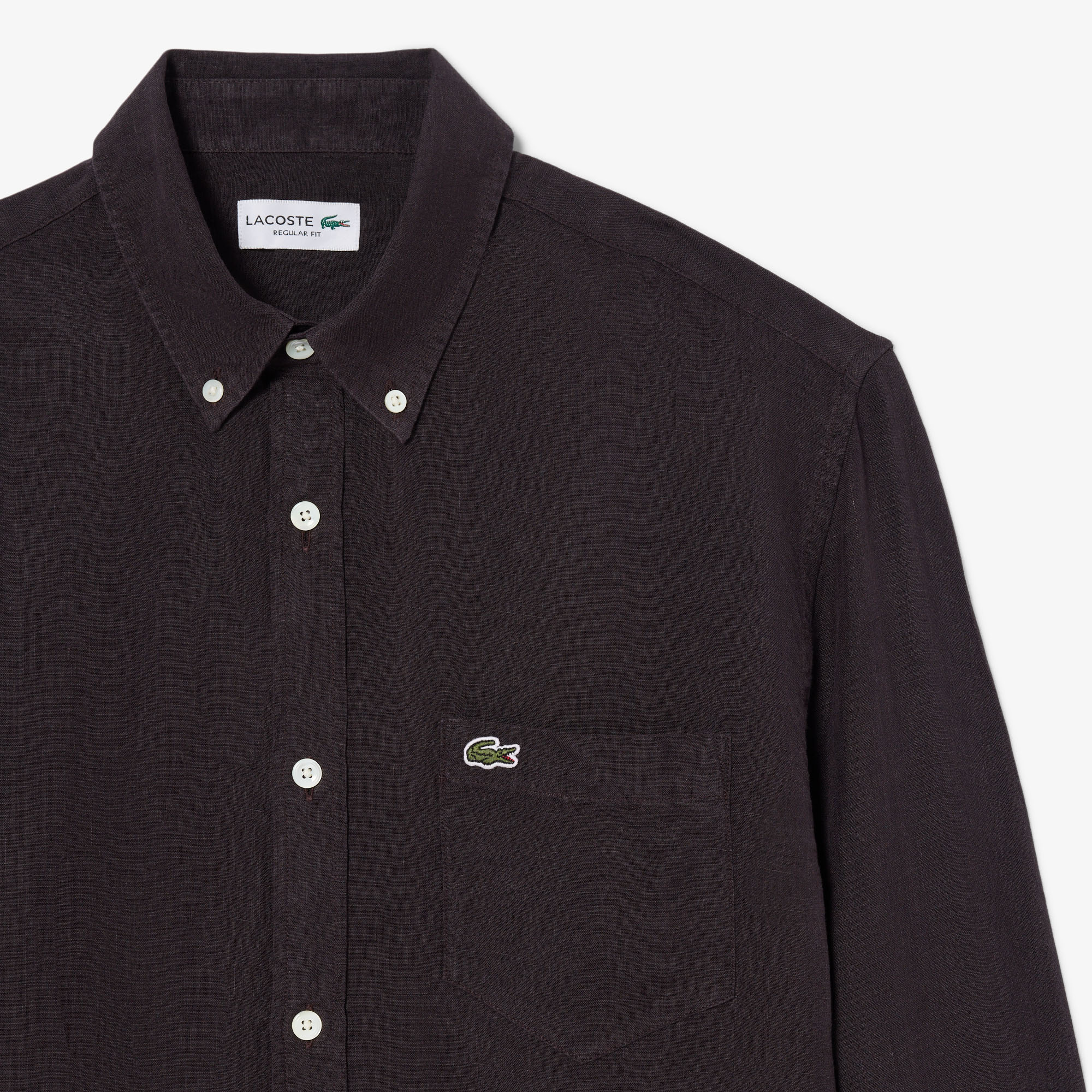 Lacoste Erkek Regular Fit Düğmeli Yaka Keten Koyu Kahverengi Gömlek görsel 6
