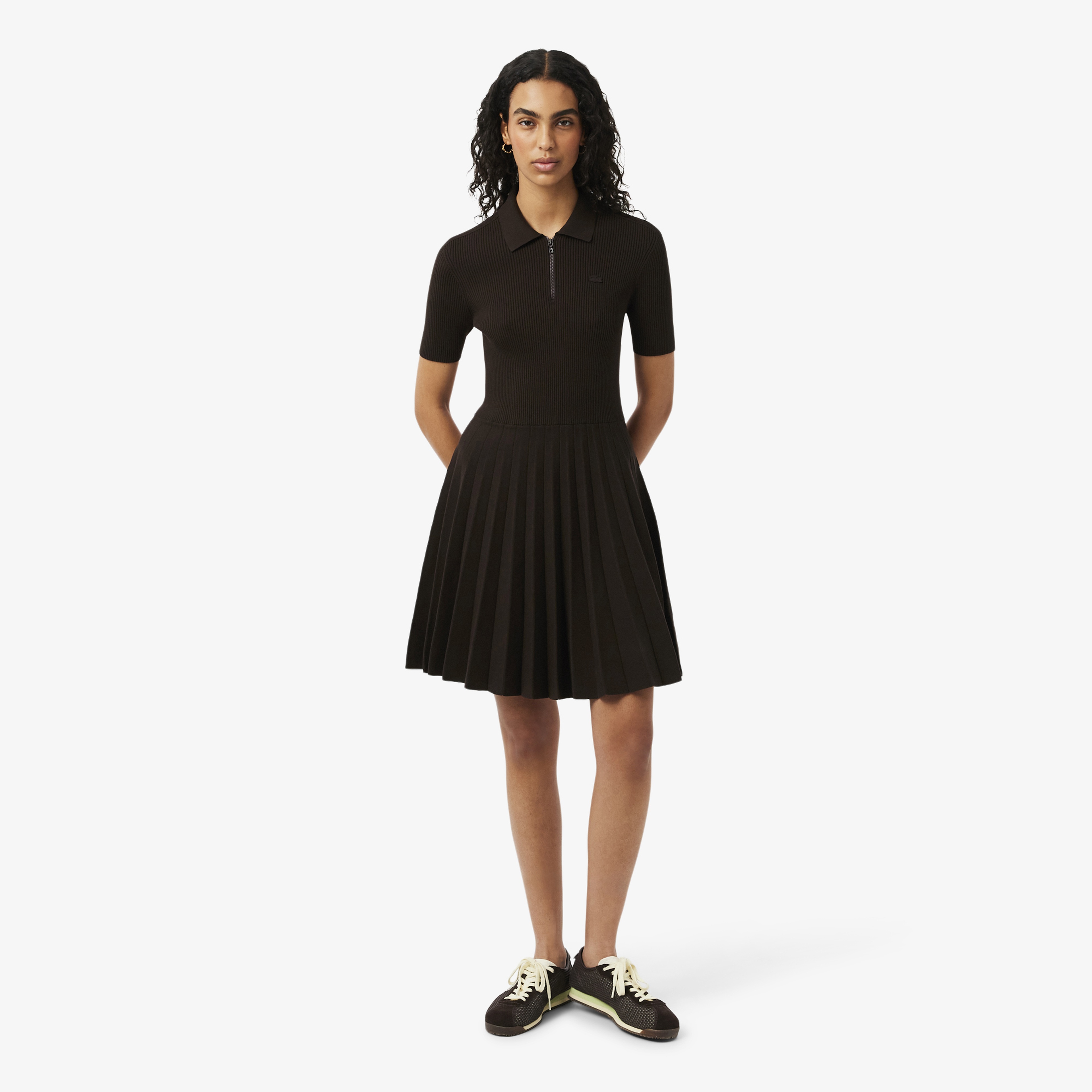 Kadın Relaxed Fit Kısa Kollu Polo Yaka Koyu Kahverengi Elbise