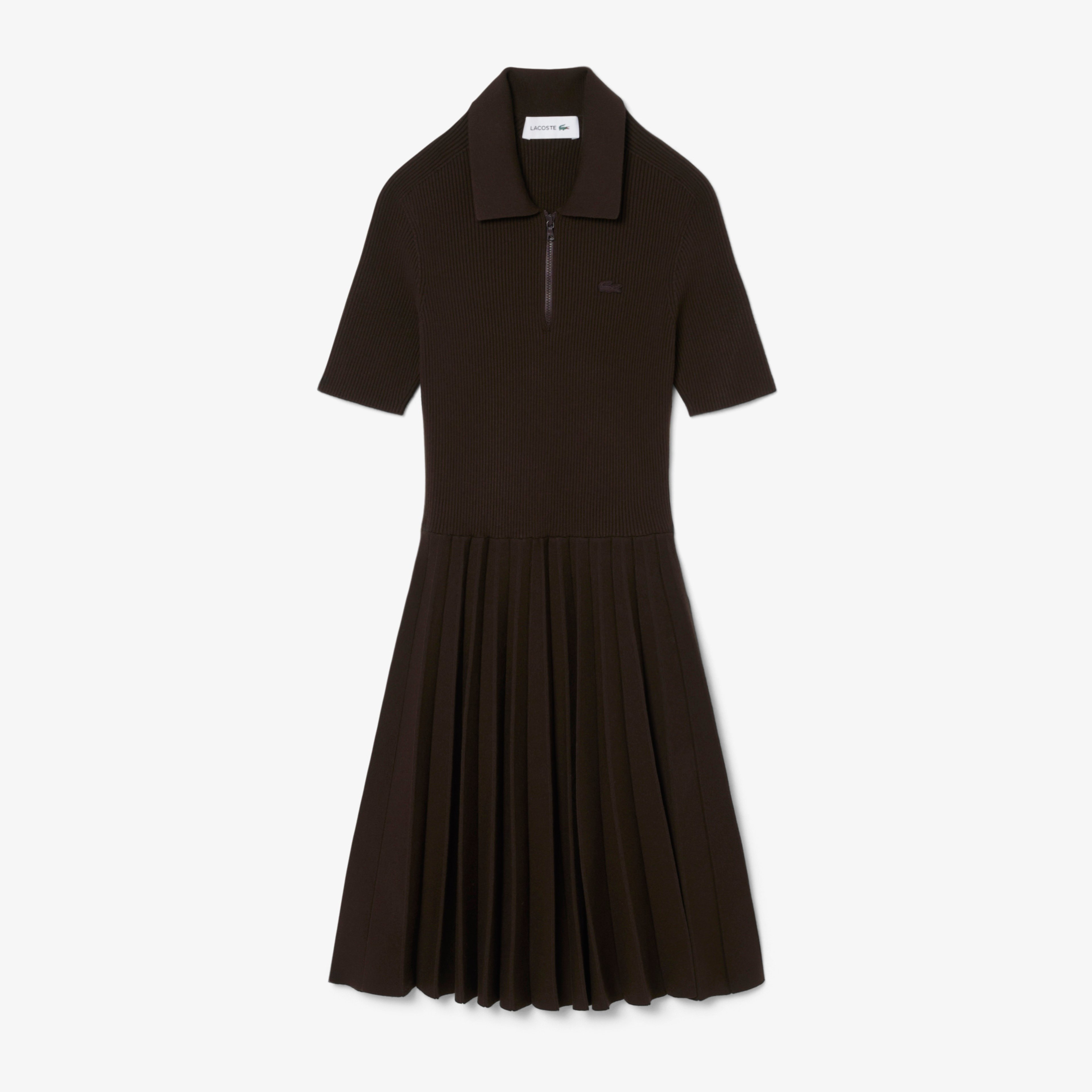 Kadın Relaxed Fit Kısa Kollu Polo Yaka Koyu Kahverengi Elbise