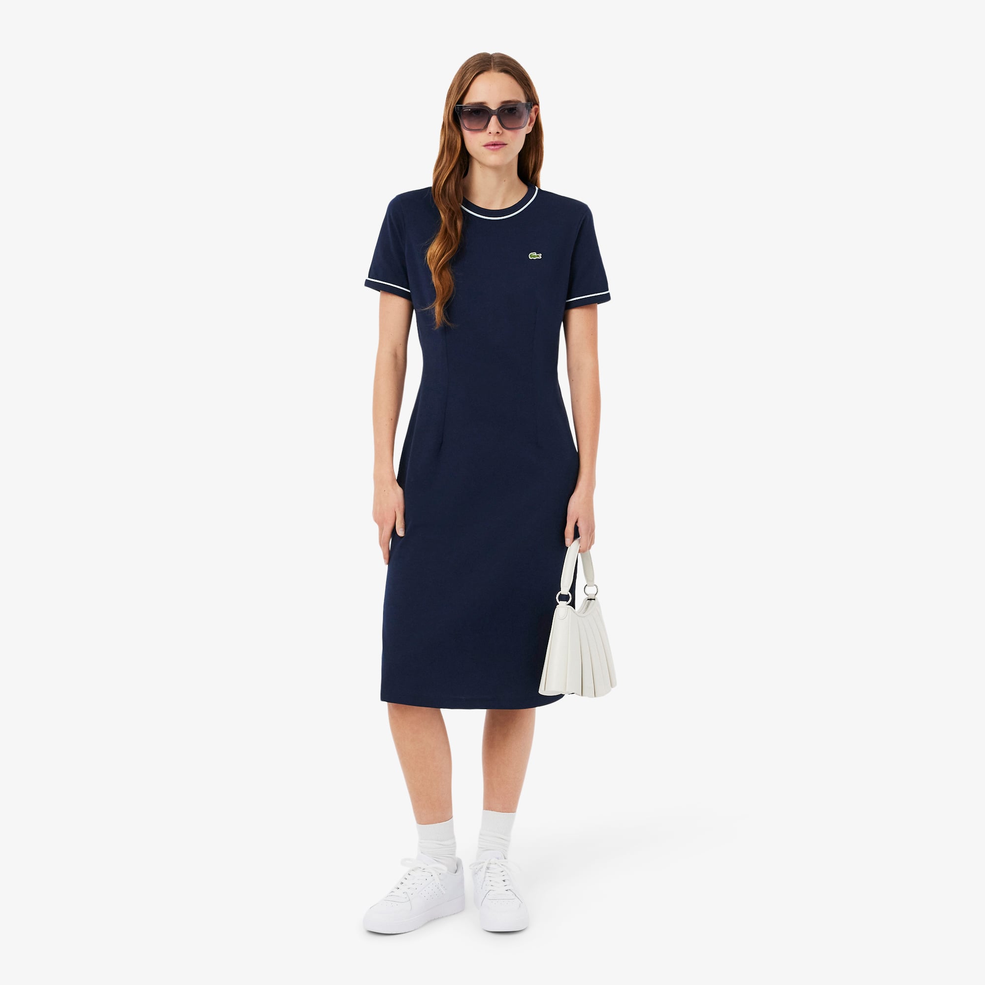 Lacoste Kadın Slim Fit Kısa Kollu Bisiklet Yaka Organik Pamuk Lacivert Elbise görsel 8
