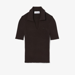 Kadın Slim Fit Kısa Kollu Polo Yaka Kahverengi Triko Kahverengi