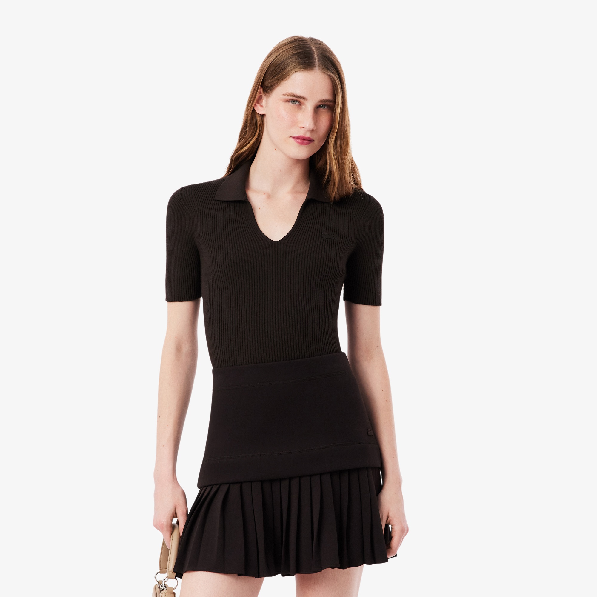 Kadın Slim Fit Kısa Kollu Polo Yaka Kahverengi Triko