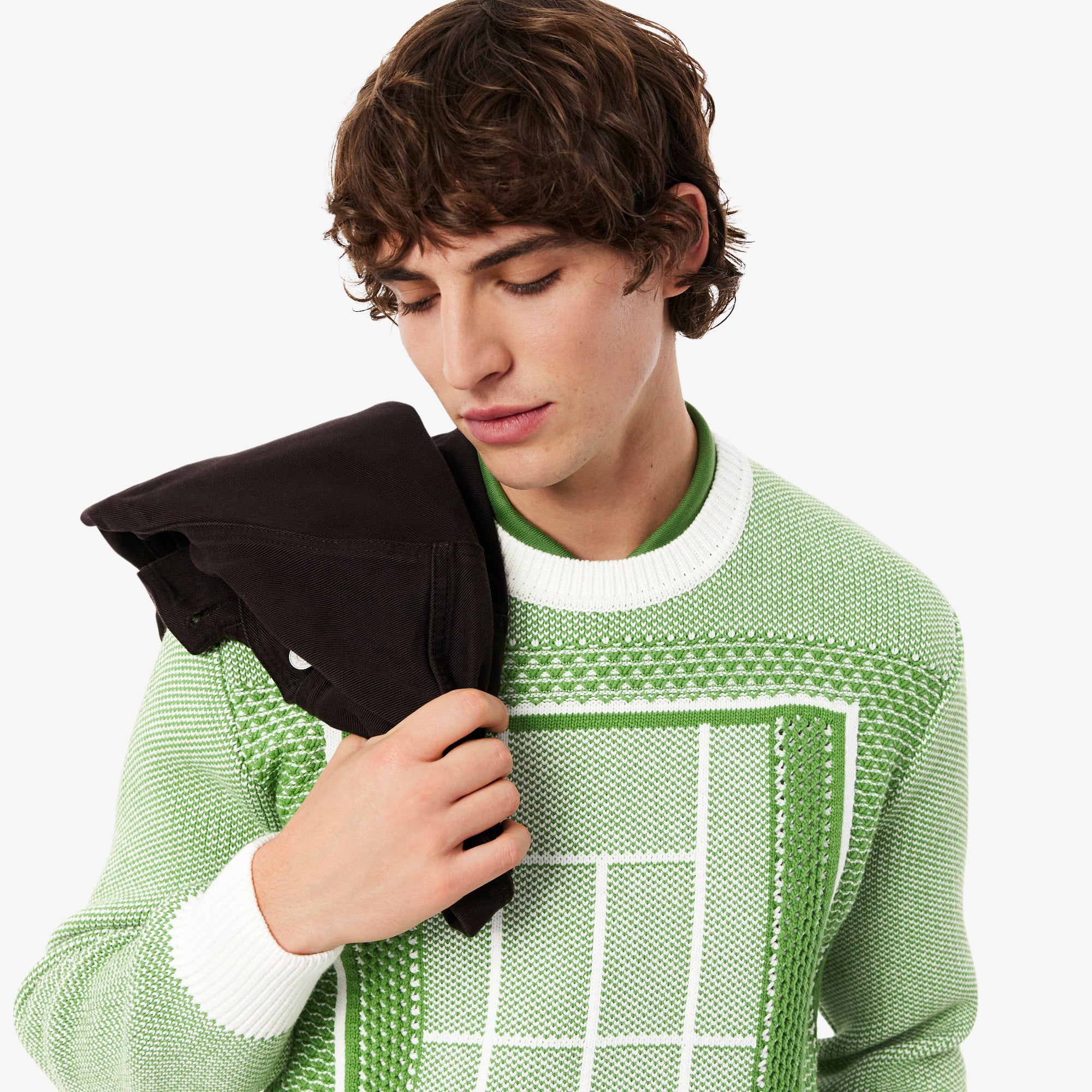 Lacoste Erkek Classic Fit Bisiklet Yaka Desenli Yeşil Kazak görsel 2