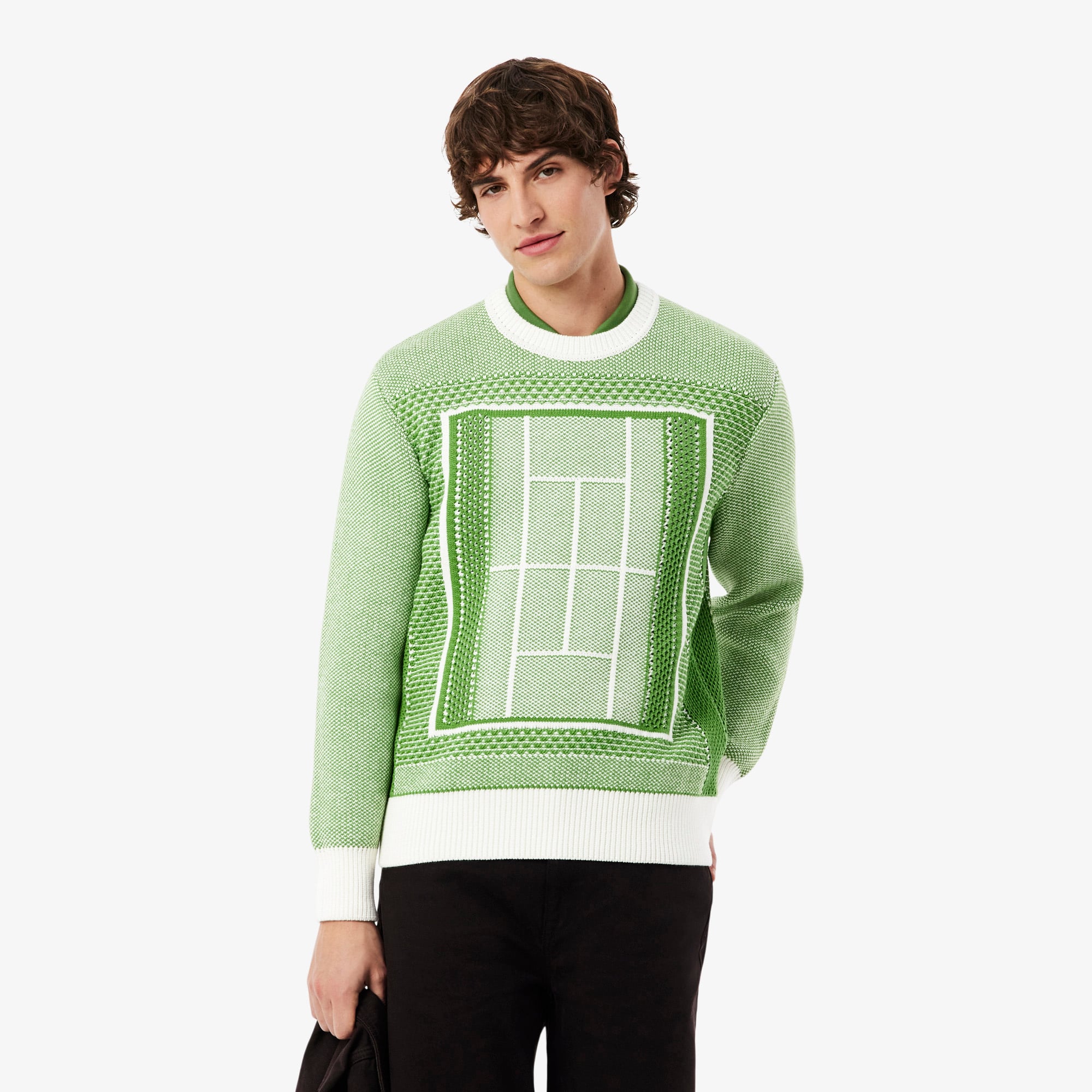 Lacoste Erkek Classic Fit Bisiklet Yaka Desenli Yeşil Kazak