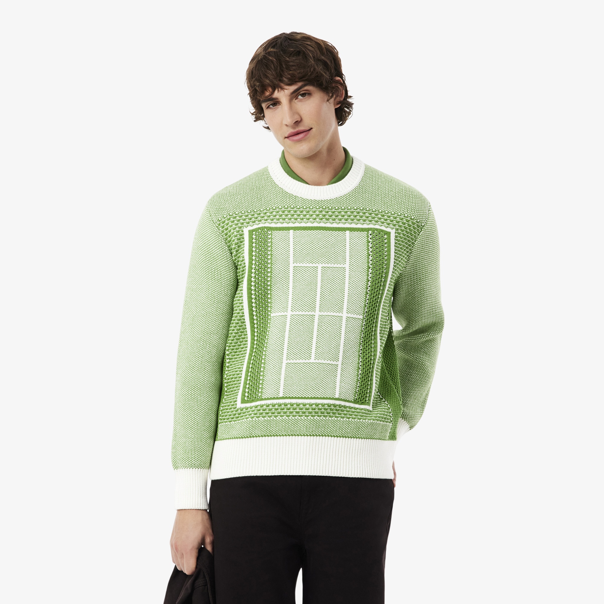 Erkek Classic Fit Bisiklet Yaka Desenli Yeşil Kazak