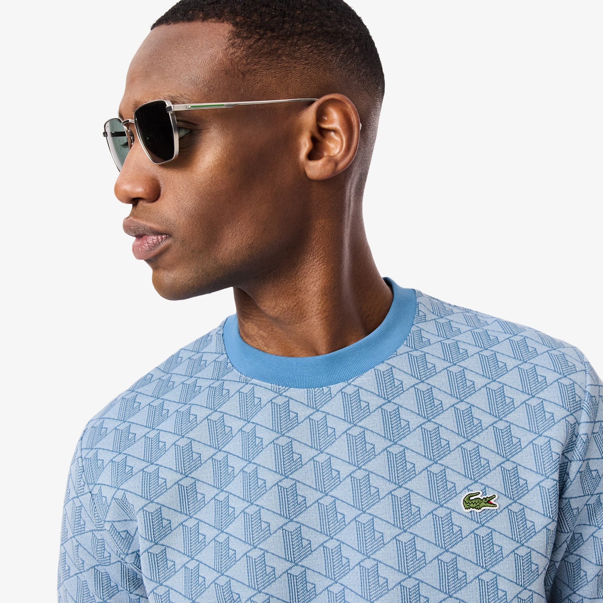 Erkek Classic Fit Bisiklet Yaka Monogram Mavi T-Shirt