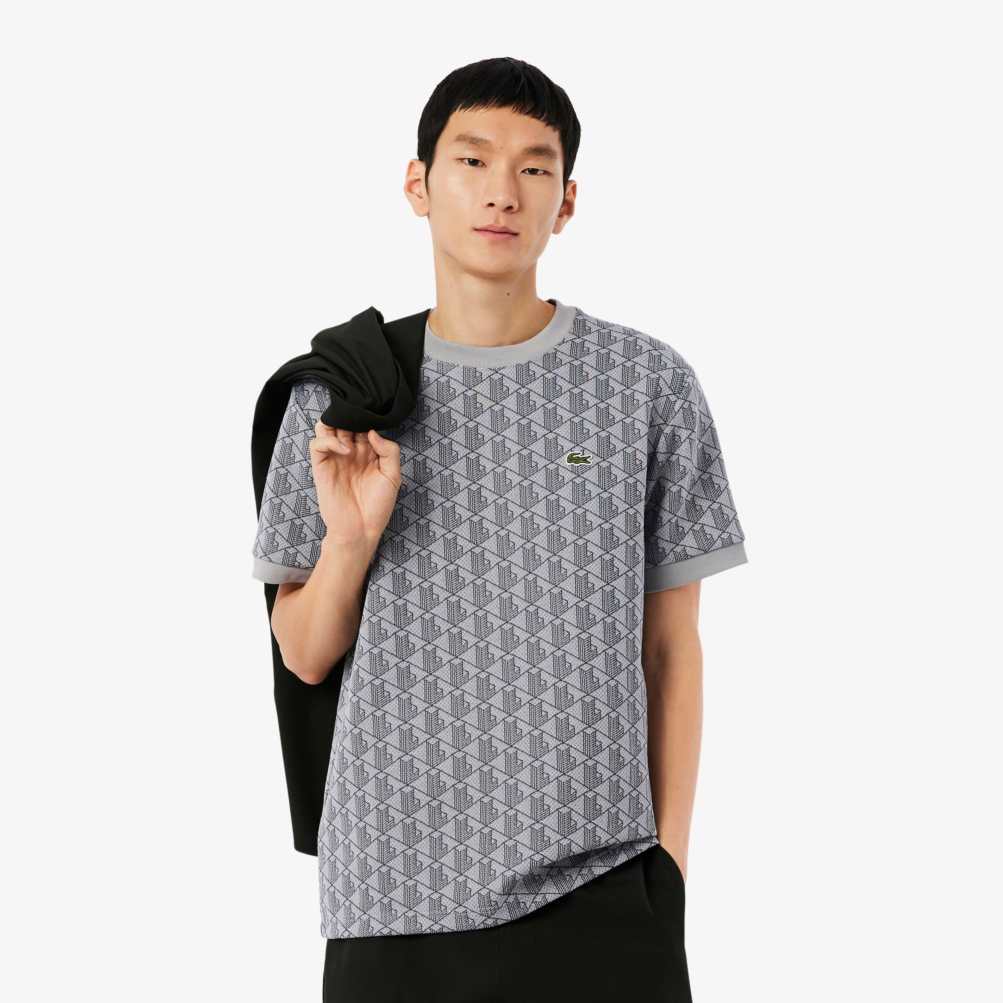 Erkek Classic Fit Bisiklet Yaka Monogram Gri T-Shirt