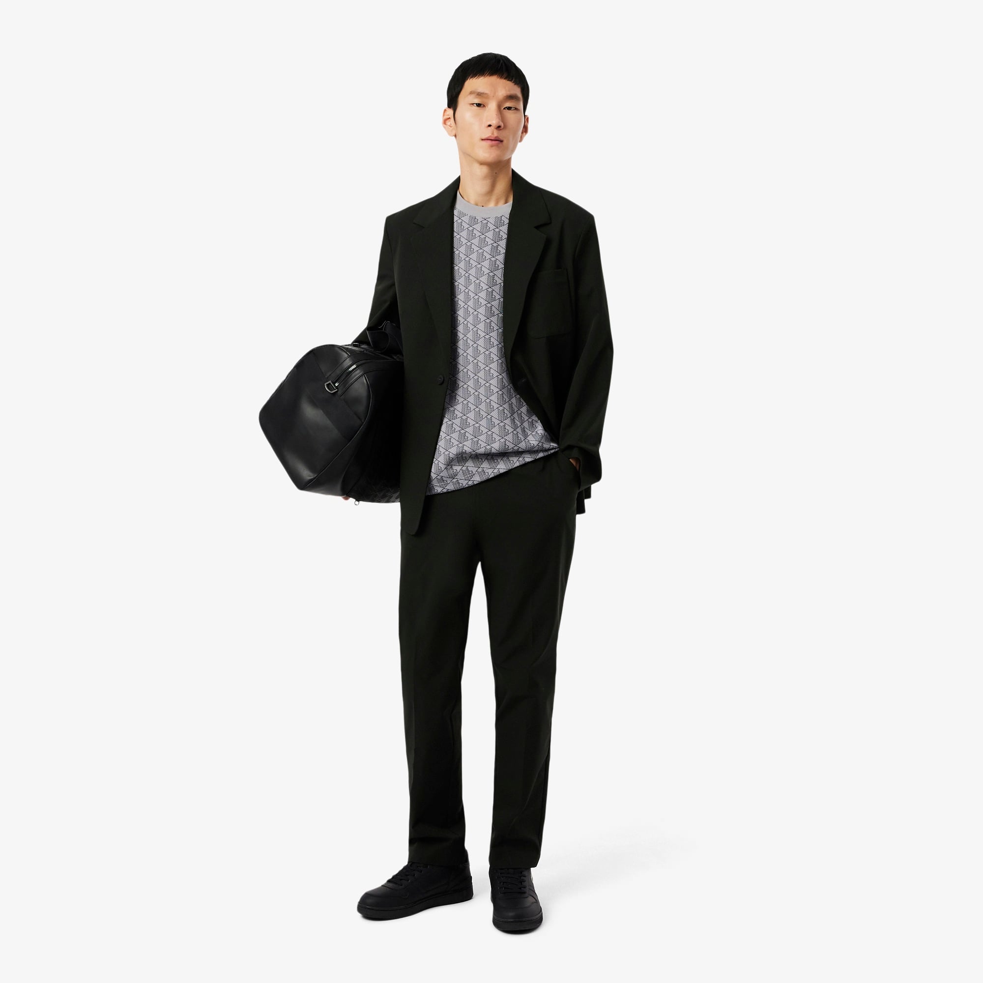 Erkek Classic Fit Bisiklet Yaka Monogram Gri T-Shirt