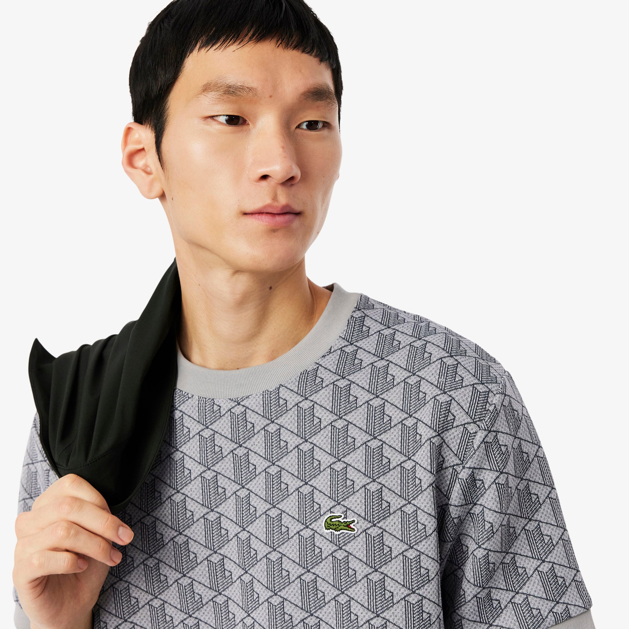 Lacoste Erkek Classic Fit Bisiklet Yaka Monogram Gri T-Shirt görsel 2