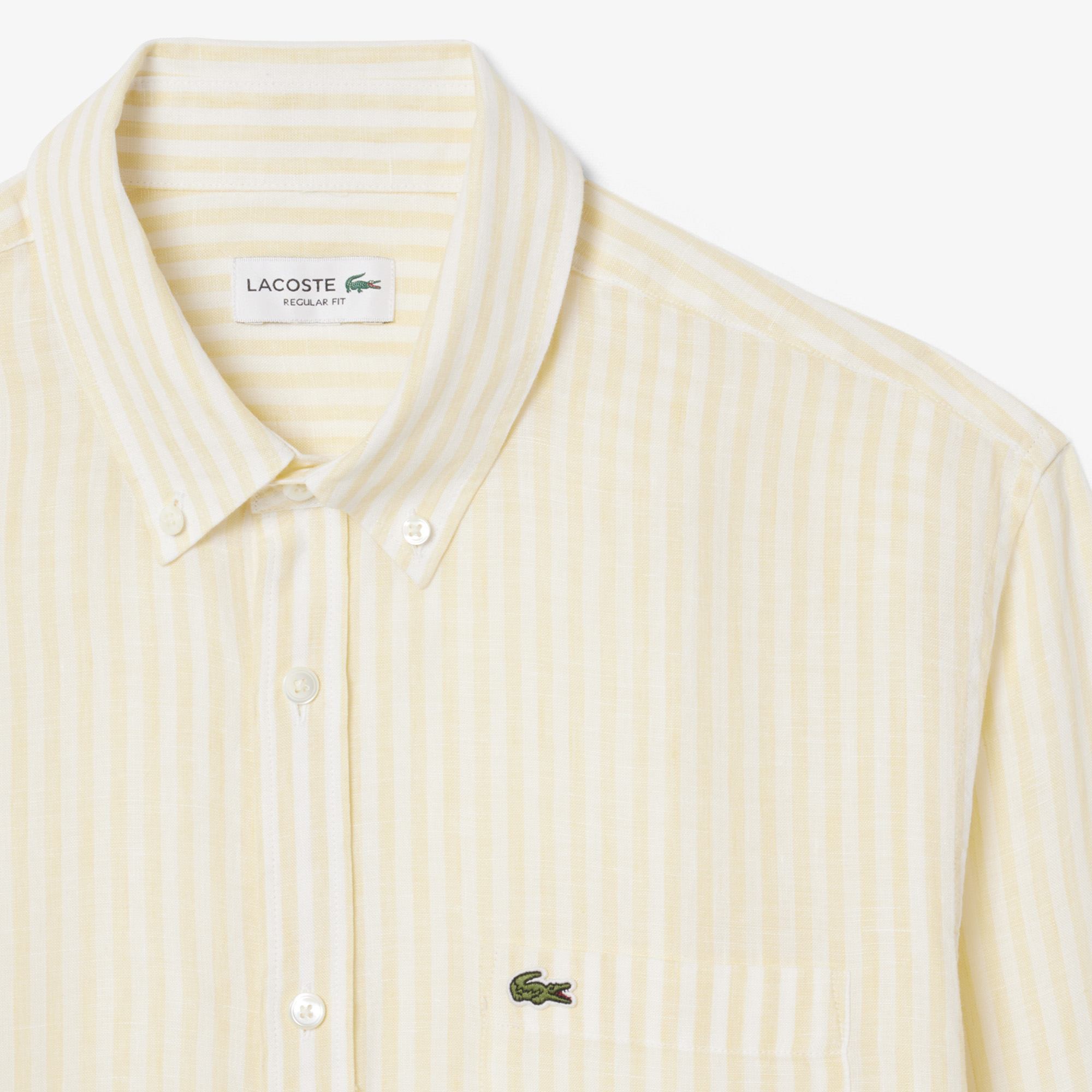 Lacoste Erkek Regular Fit Düğmeli Yaka Çizgili Keten Sarı Gömlek görsel 6