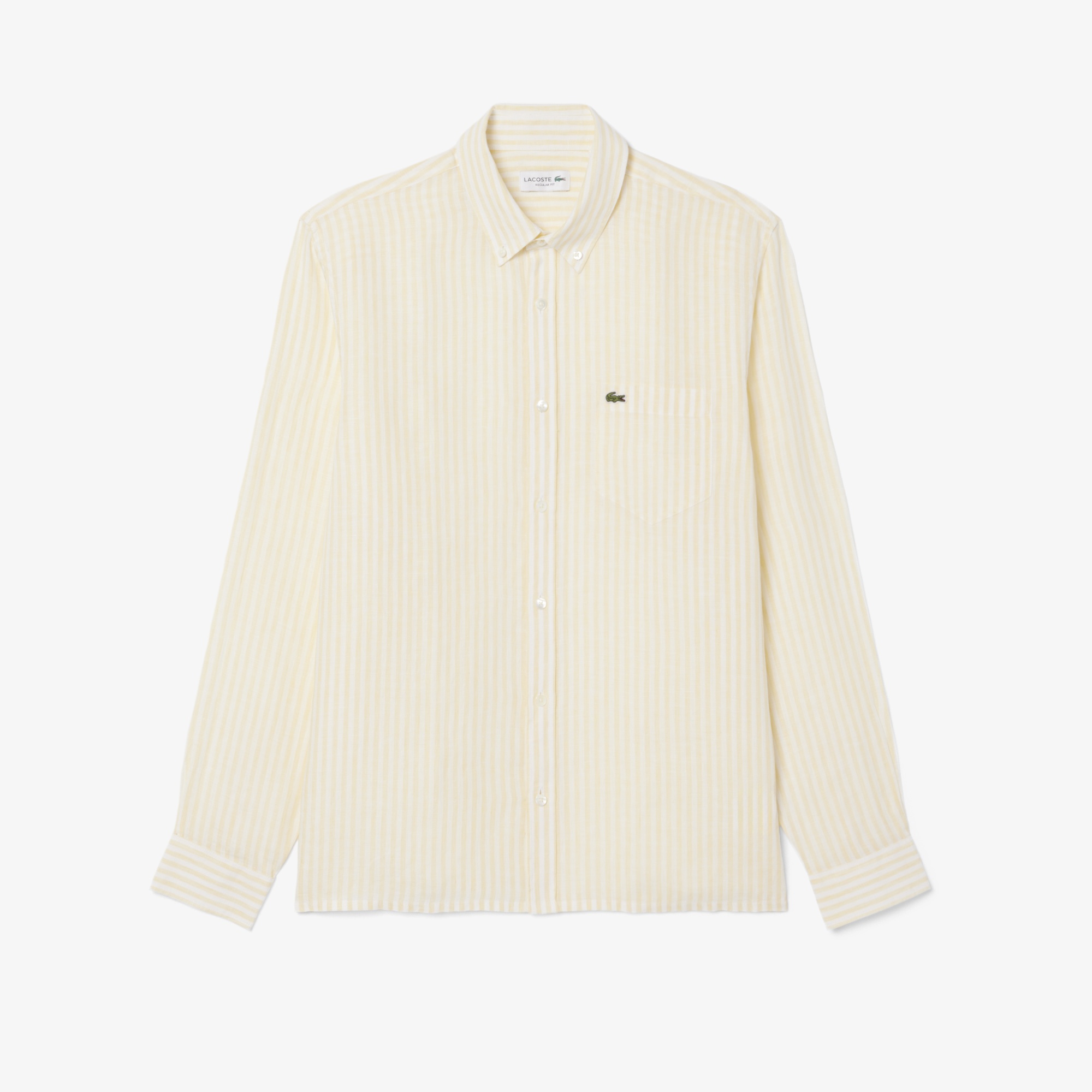 Erkek Regular Fit Düğmeli Yaka Çizgili Sarı Gömlek