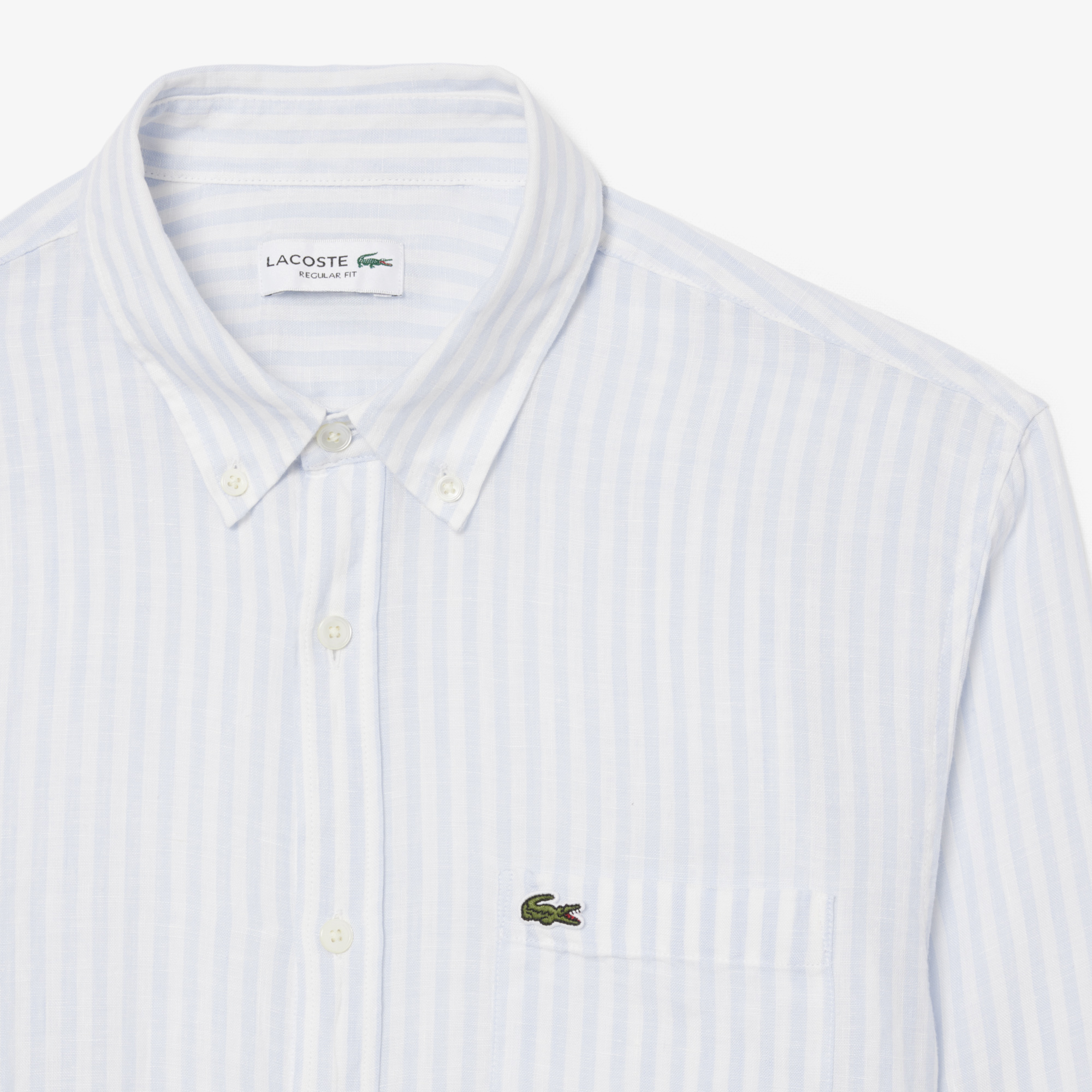 Lacoste Erkek Regular Fit Düğmeli Yaka Çizgili Keten Mavi Gömlek görsel 6