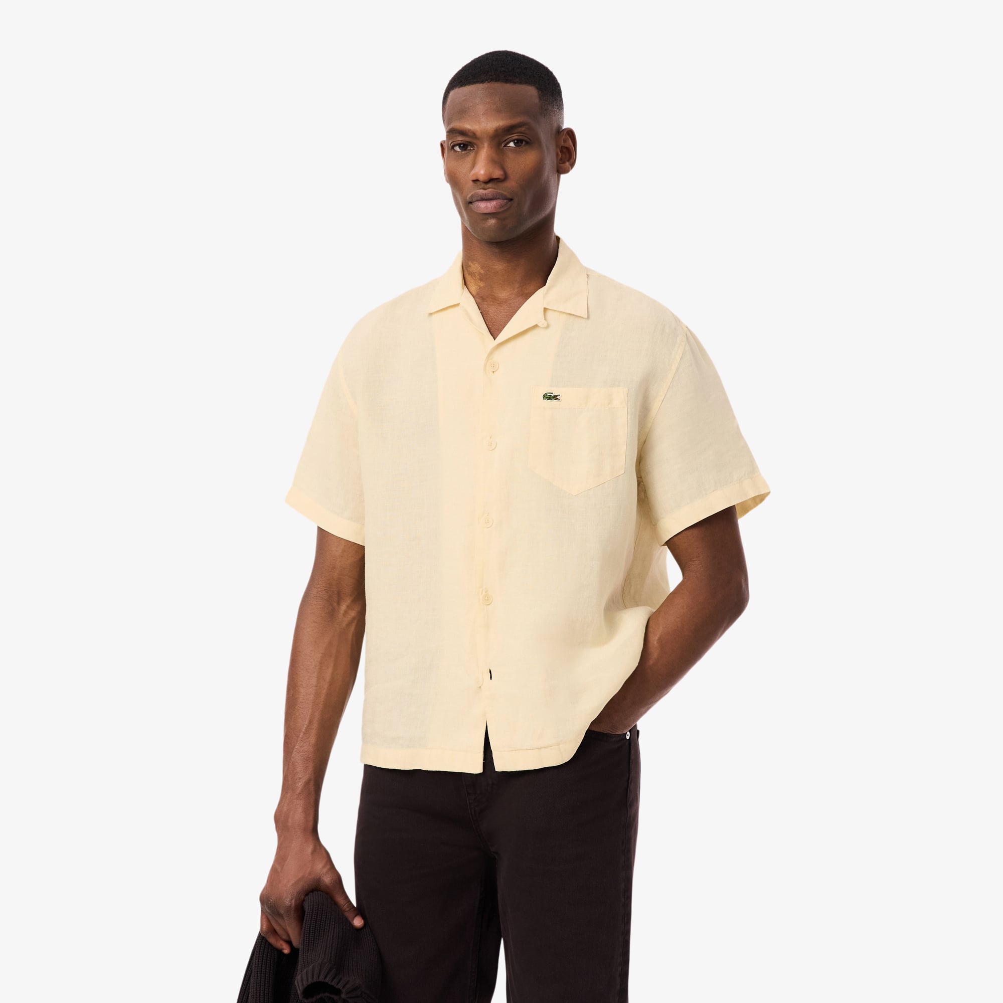 Lacoste Erkek Relaxed Fit Kısa Kollu Keten Krem Gömlek