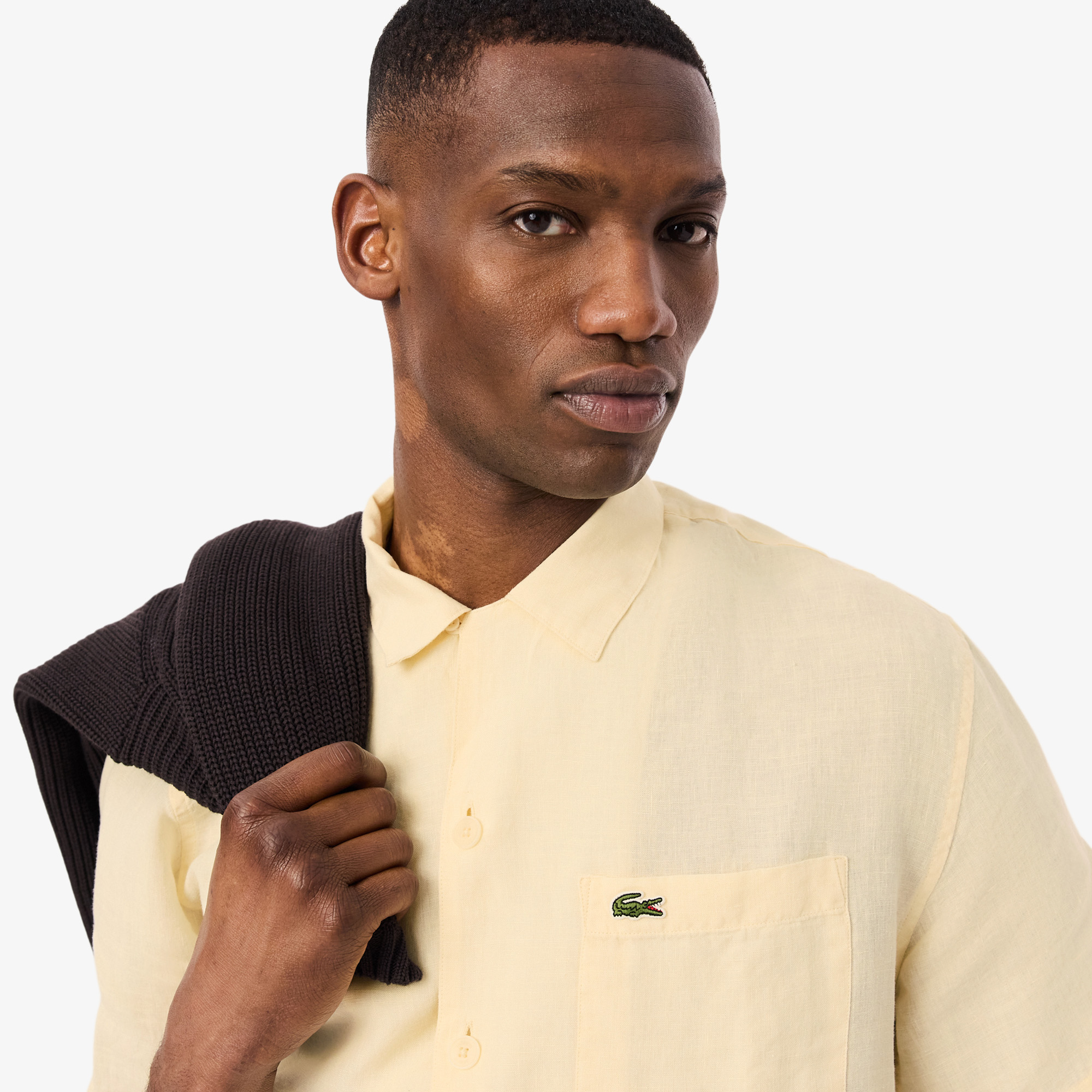 Lacoste Erkek Relaxed Fit Kısa Kollu Keten Krem Gömlek görsel 2