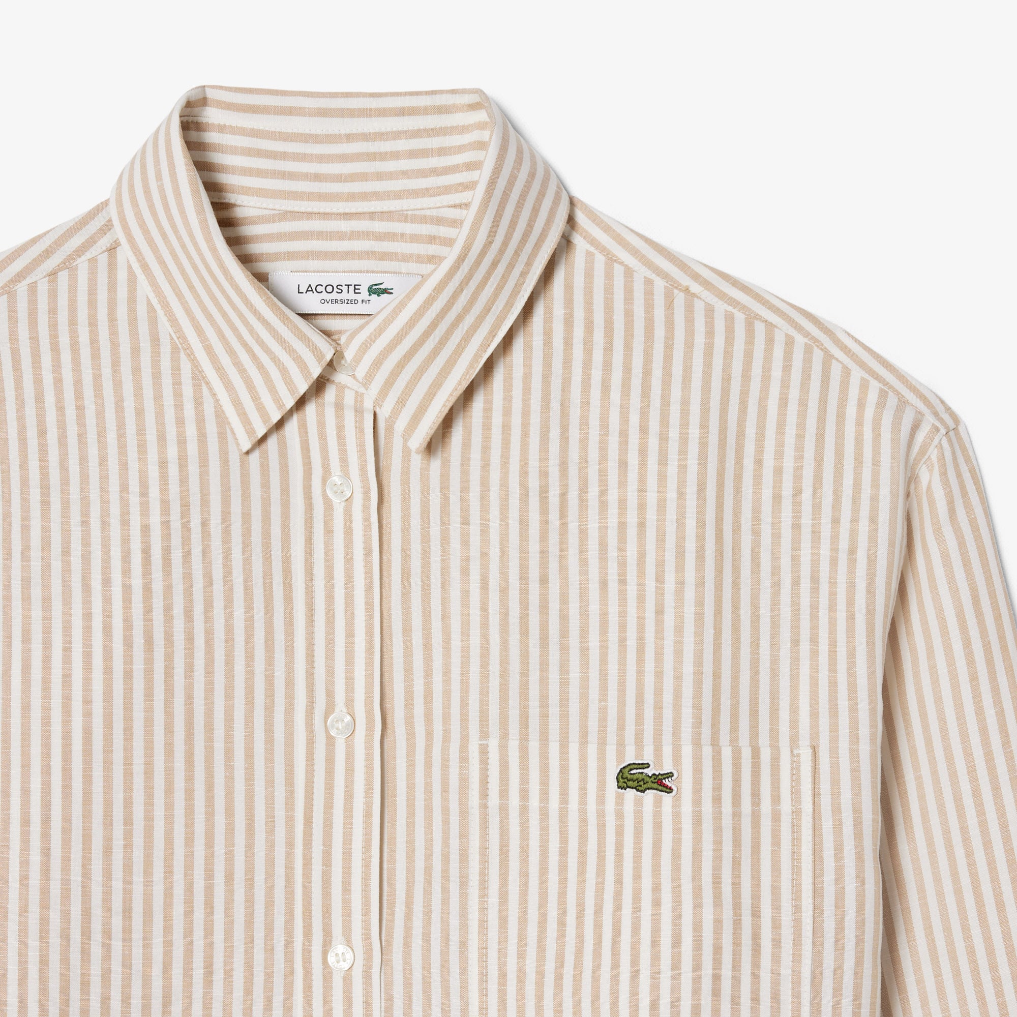 Lacoste Kadın Oversize Fit Çizgili Keten Krem Gömlek görsel 6