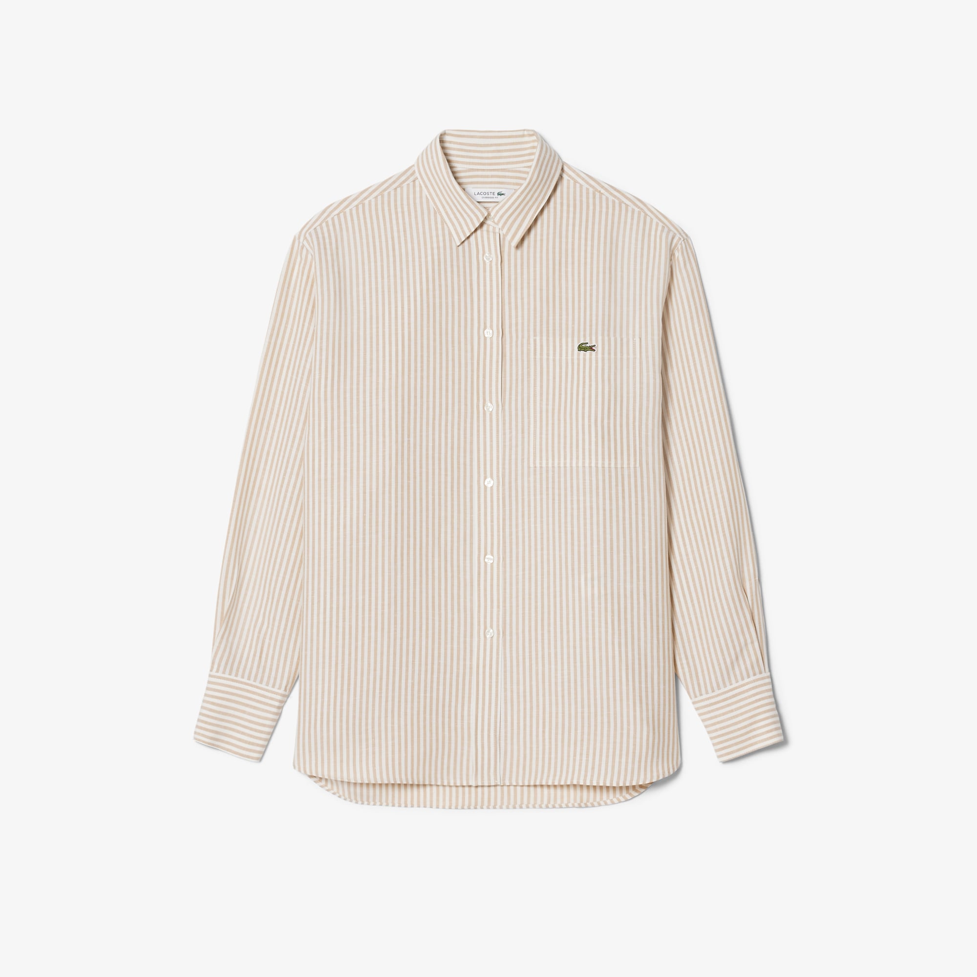 Lacoste Kadın Oversize Fit Çizgili Keten Krem Gömlek görsel 5