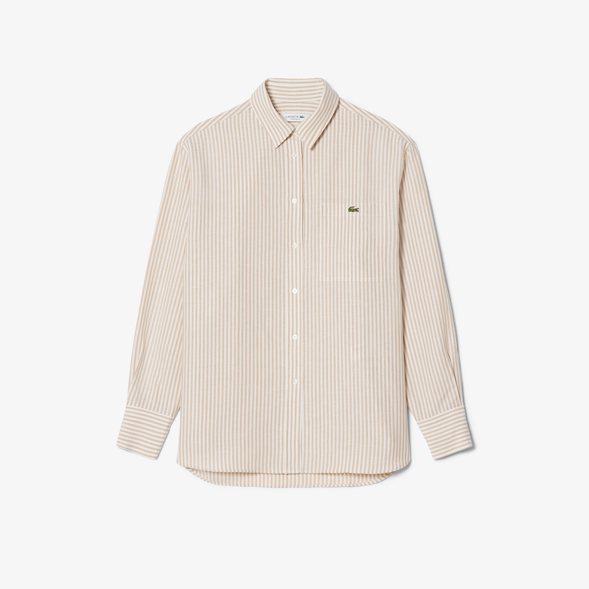 Kadın Oversize Fit Çizgili Keten Krem Gömlek