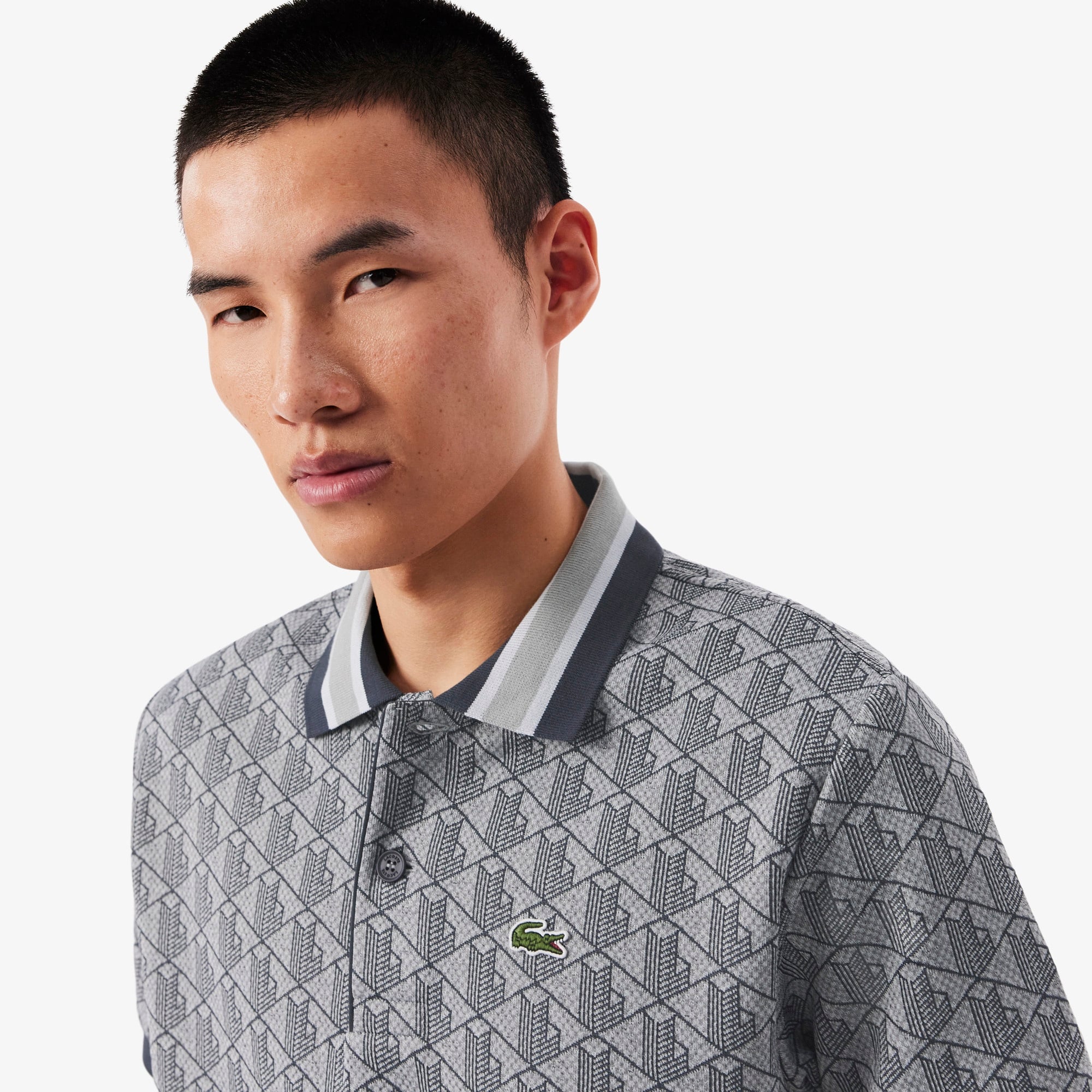 Erkek Classic Fit Monogram Gri Polo