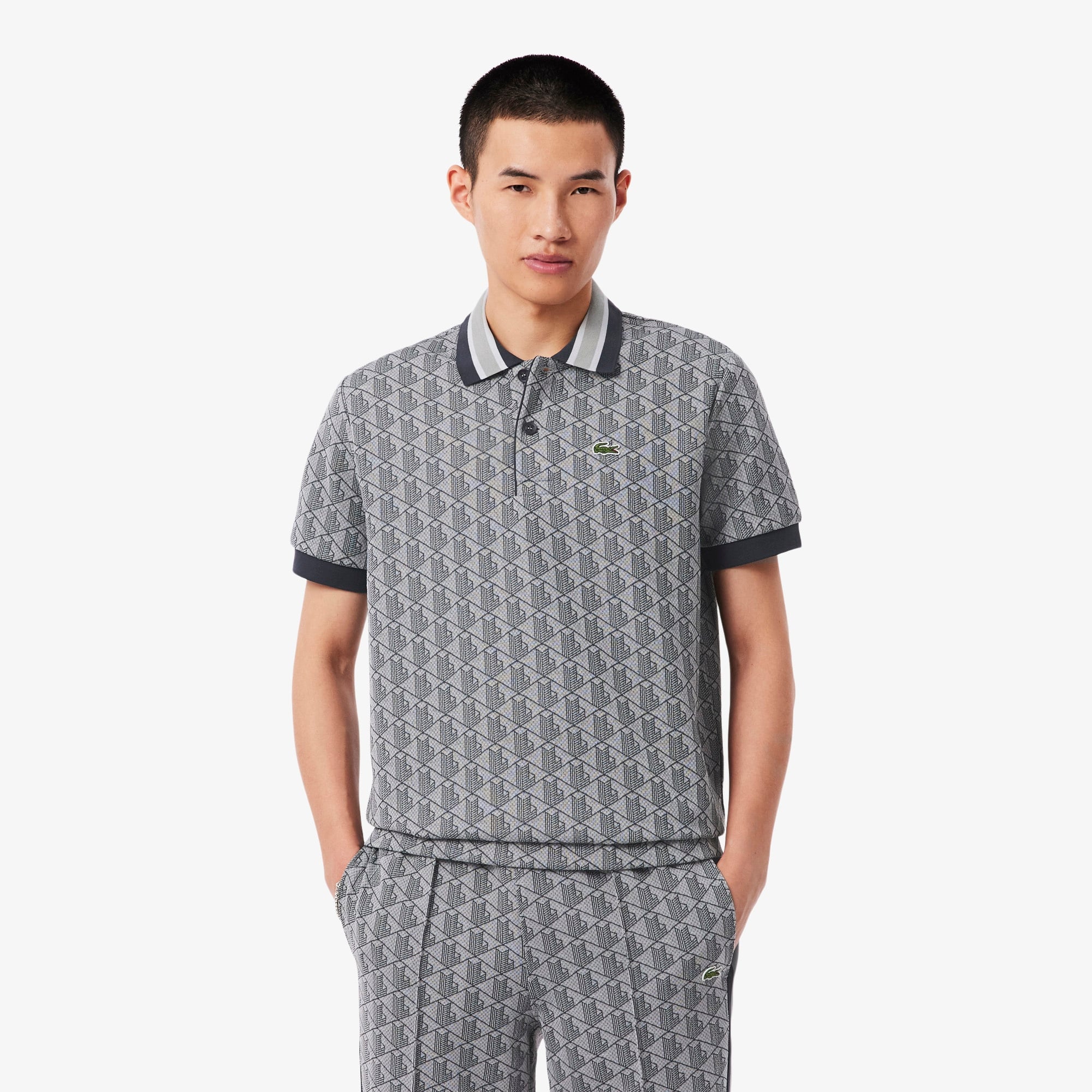 Erkek Classic Fit Monogram Gri Polo