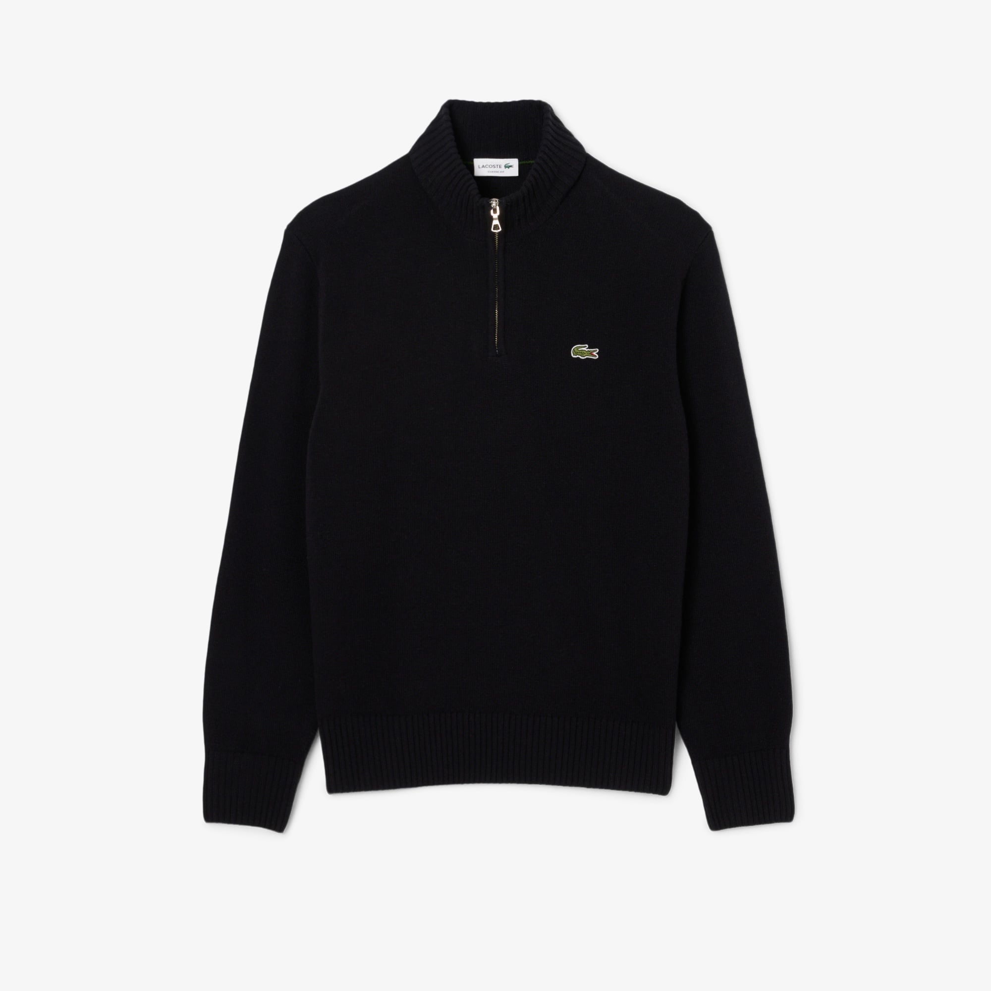 Erkek Classic Fit Yarım Fermuarlı Yün Siyah Kazak