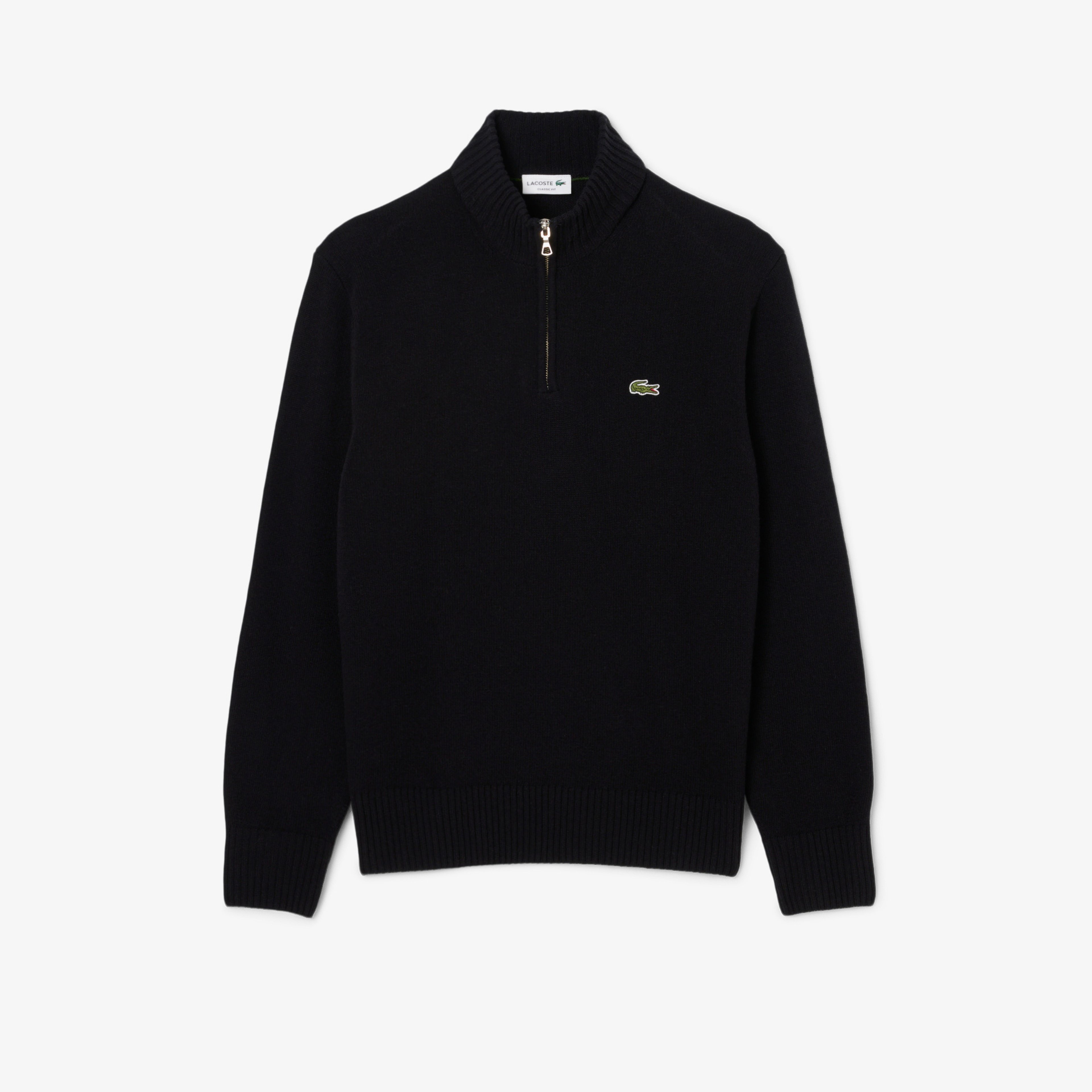 Erkek Classic Fit Yarım Fermuarlı Yün Siyah Kazak