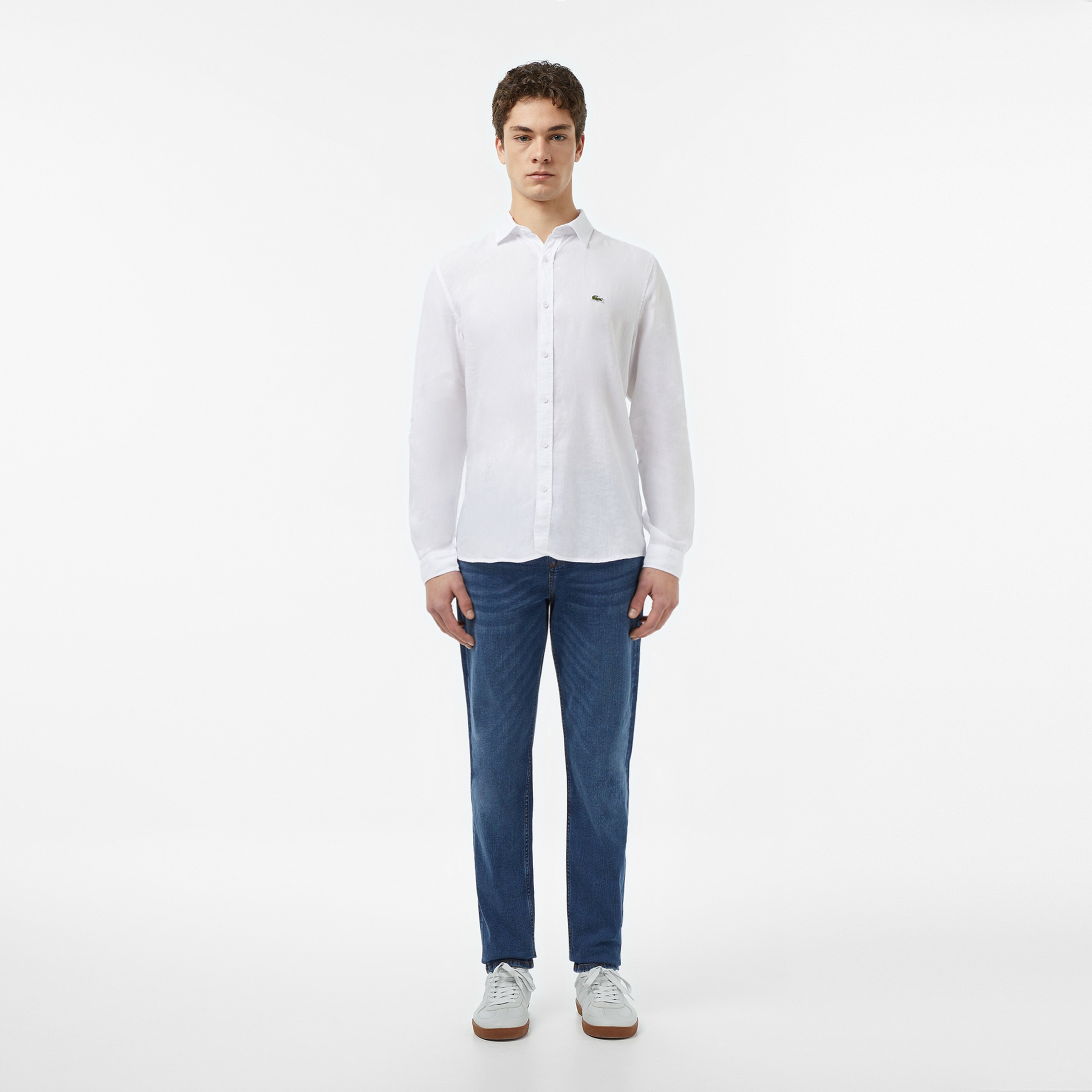 Erkek Slim Fit Keten Beyaz Gömlek