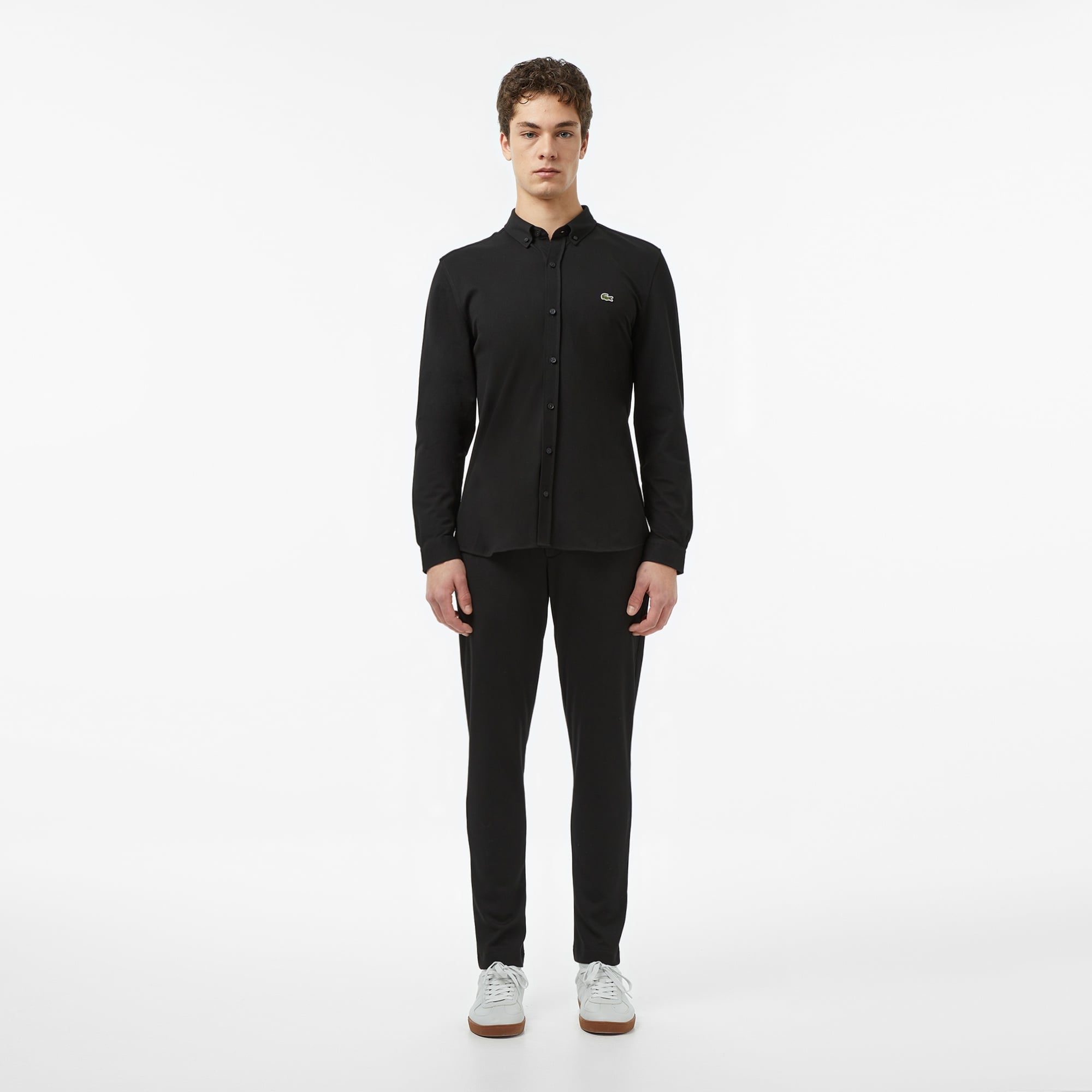 Erkek Slim Fit Düğmeli Yaka Siyah Gömlek