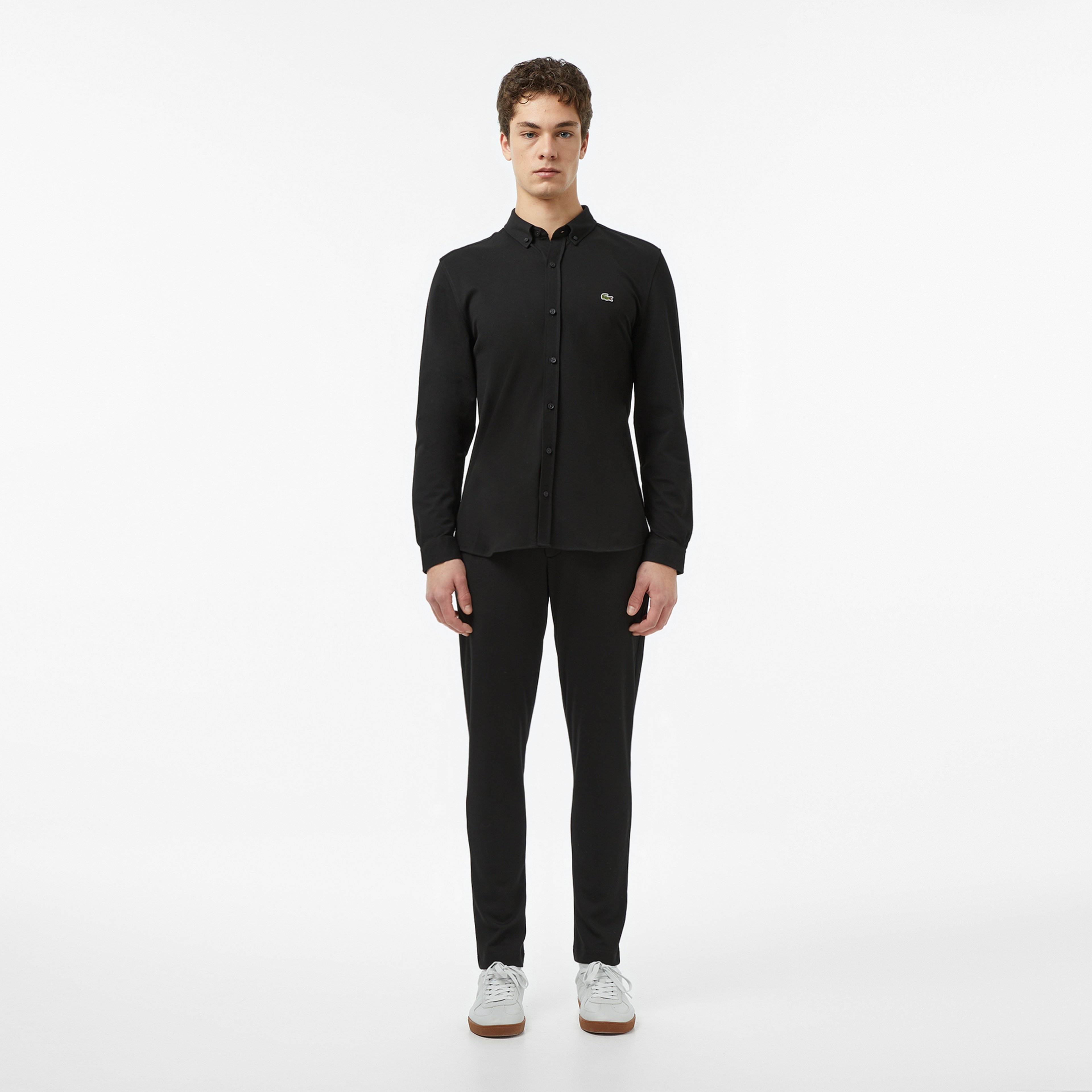 Erkek Slim Fit Düğmeli Yaka Siyah Gömlek