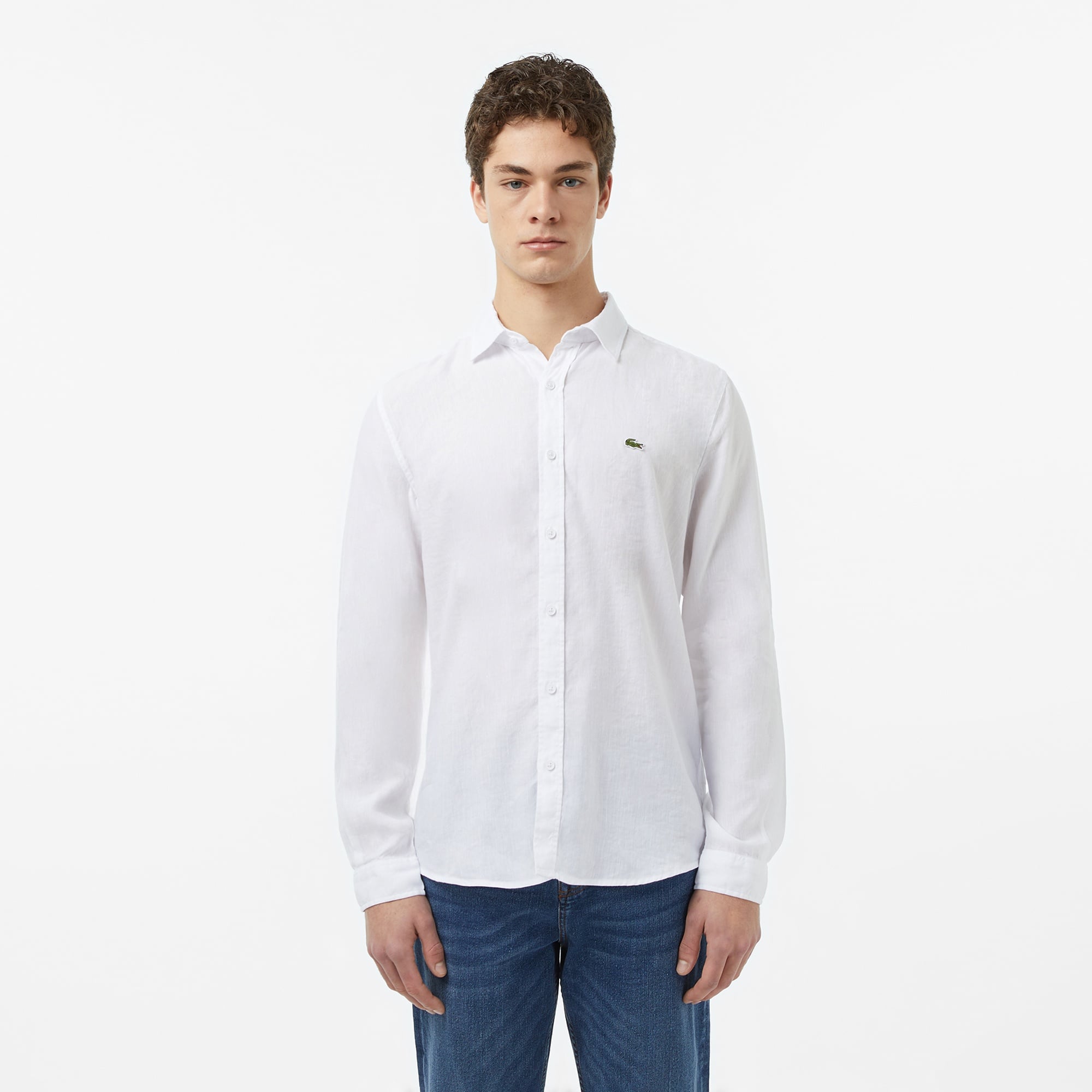 Erkek Slim Fit Keten Beyaz Gömlek