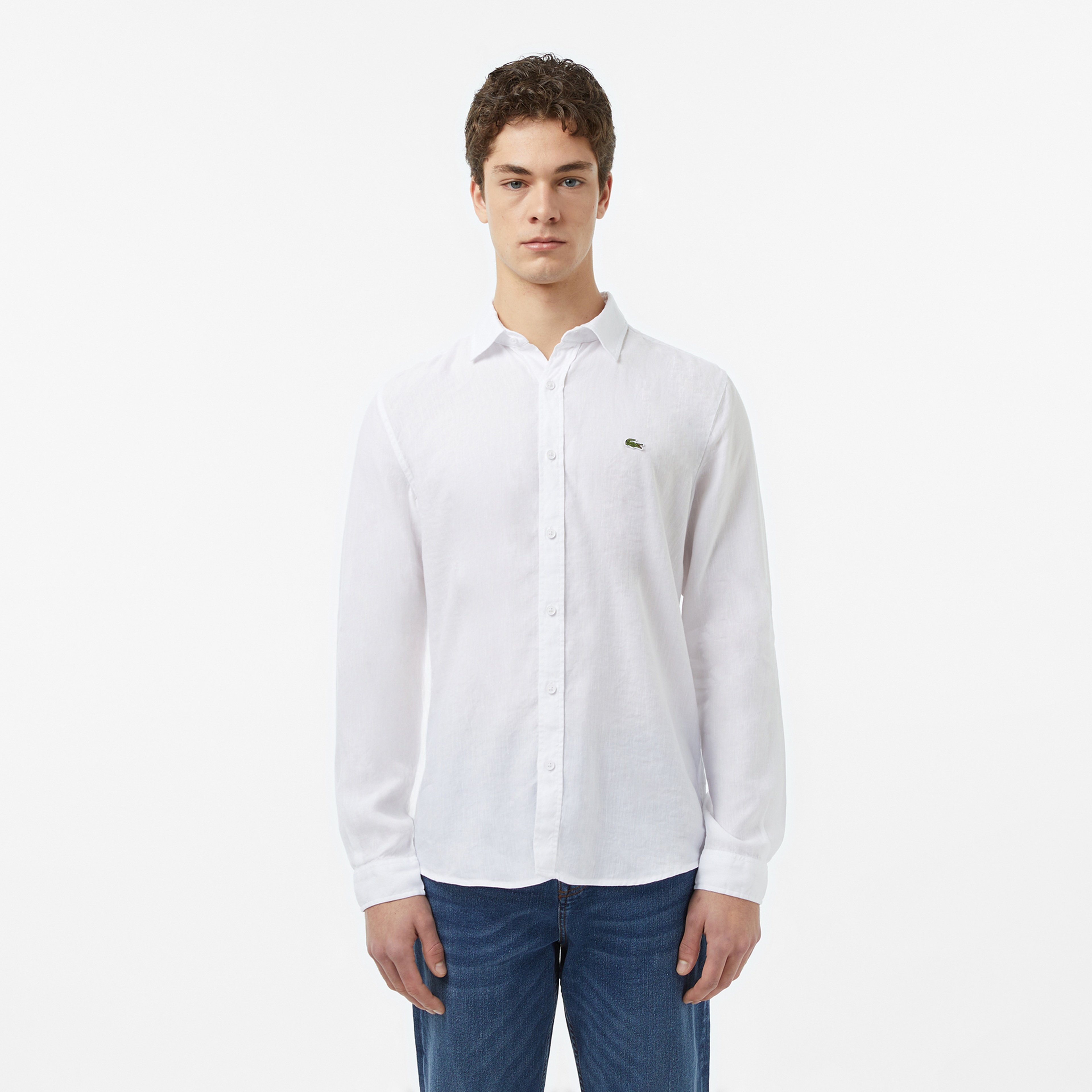 Erkek Slim Fit Keten Beyaz Gömlek