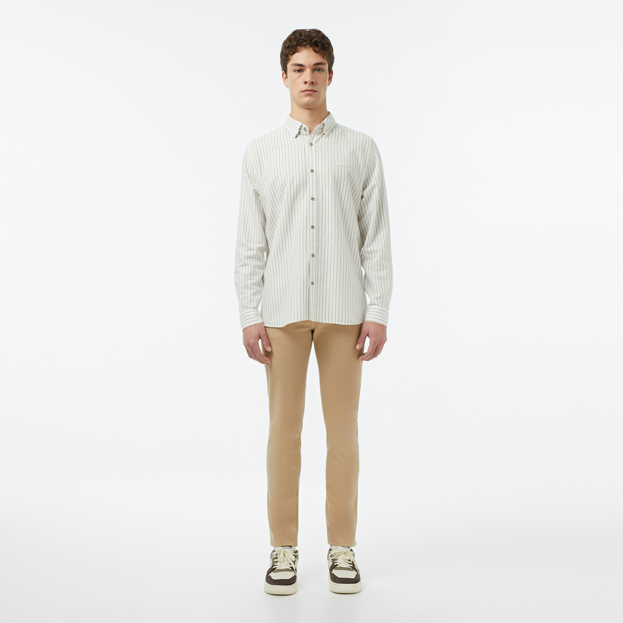 Lacoste Erkek Reguar Fit Çizgili Keten Krem Gömlek görsel 5