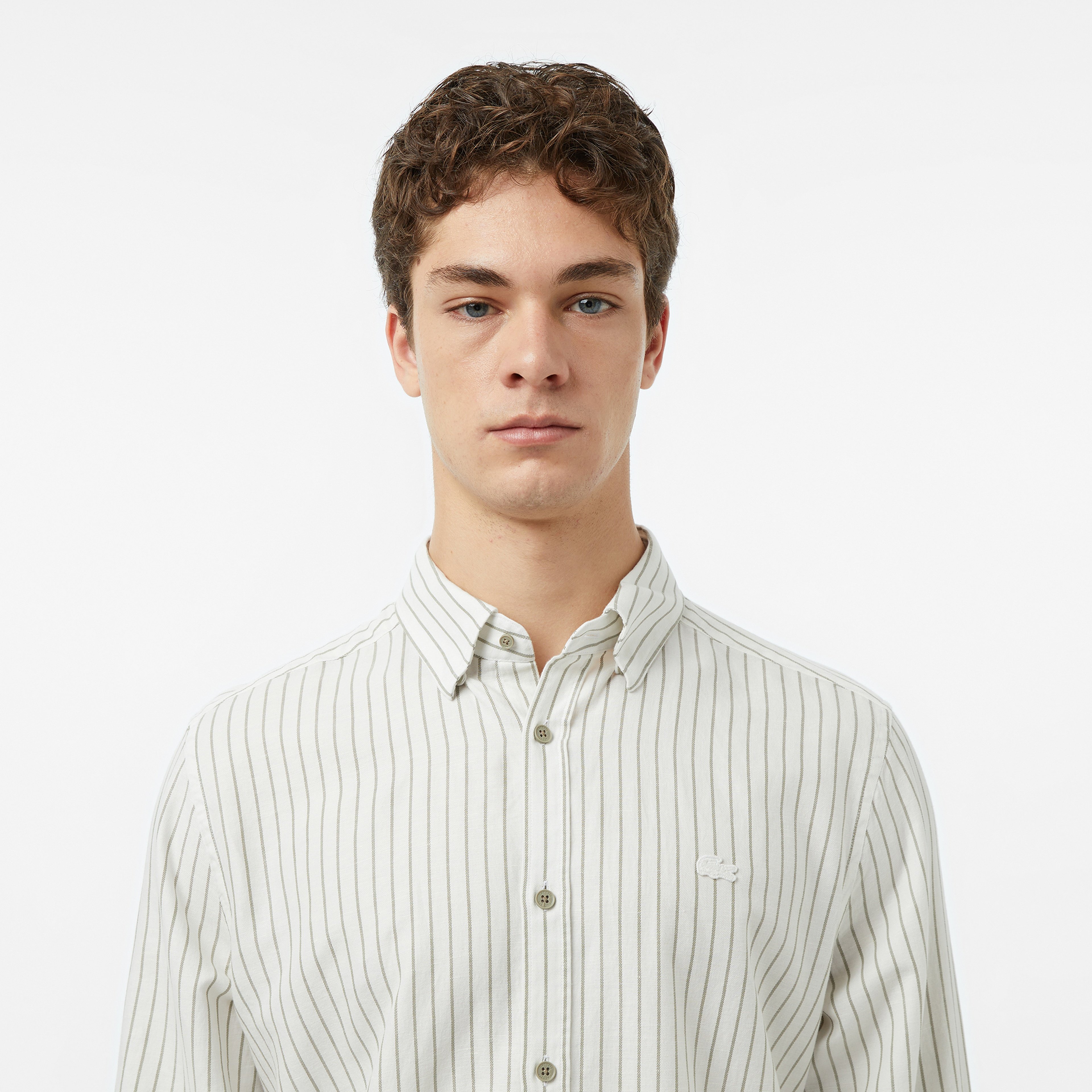 Erkek Reguar Fit Düğmeli Yaka Krem Gömlek