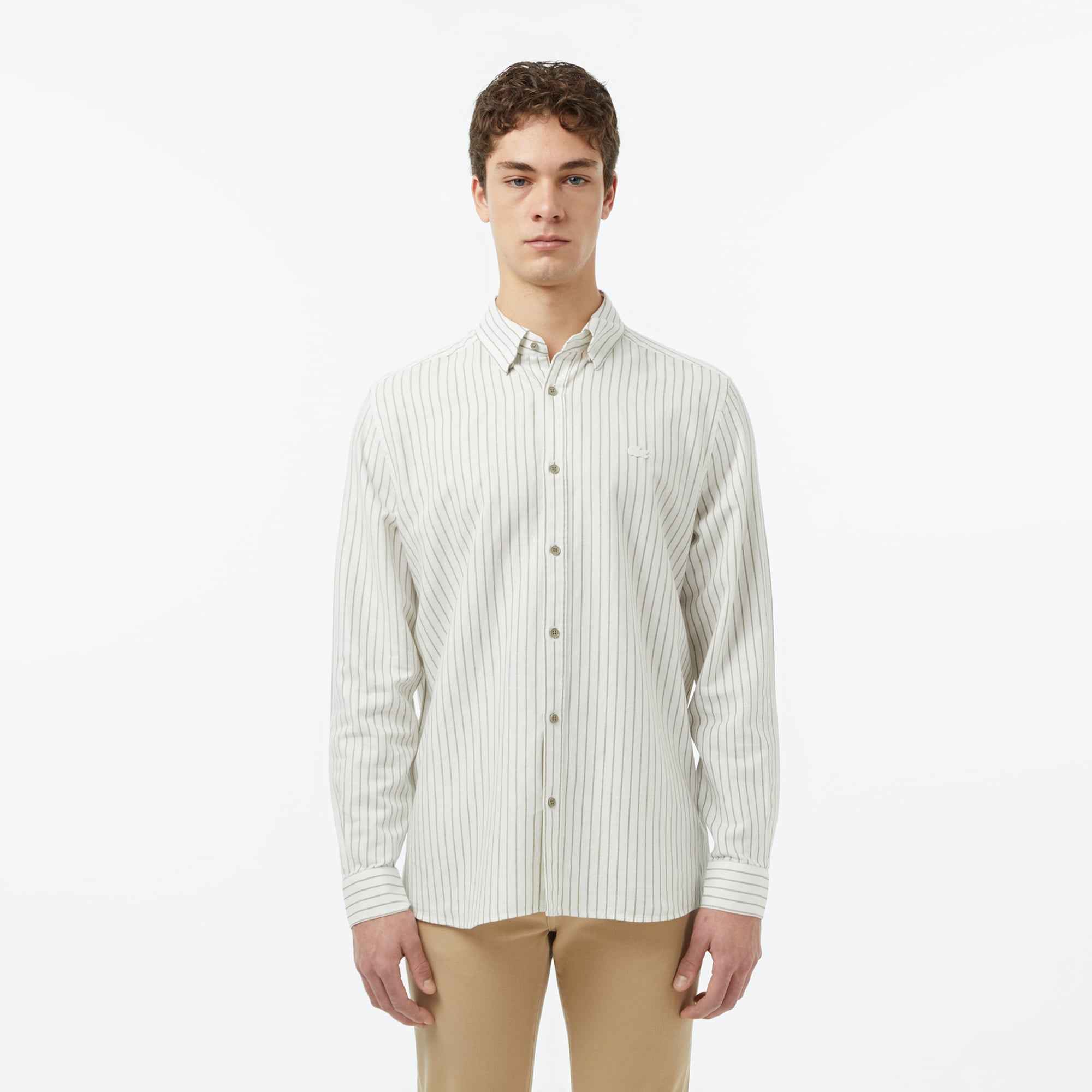 Lacoste Erkek Reguar Fit Çizgili Keten Krem Gömlek
