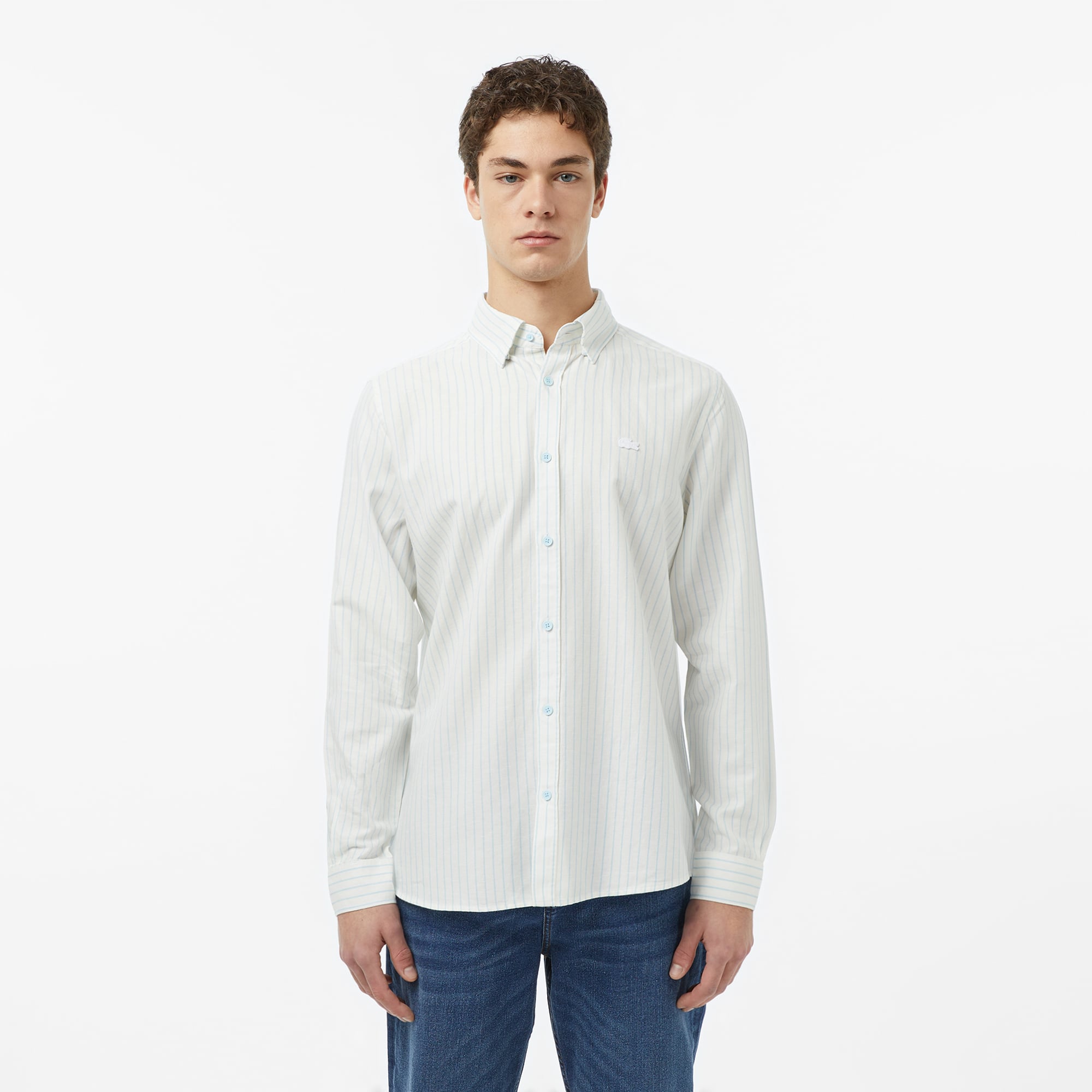 Lacoste Erkek Reguar Fit Çizgili Keten Beyaz Gömlek