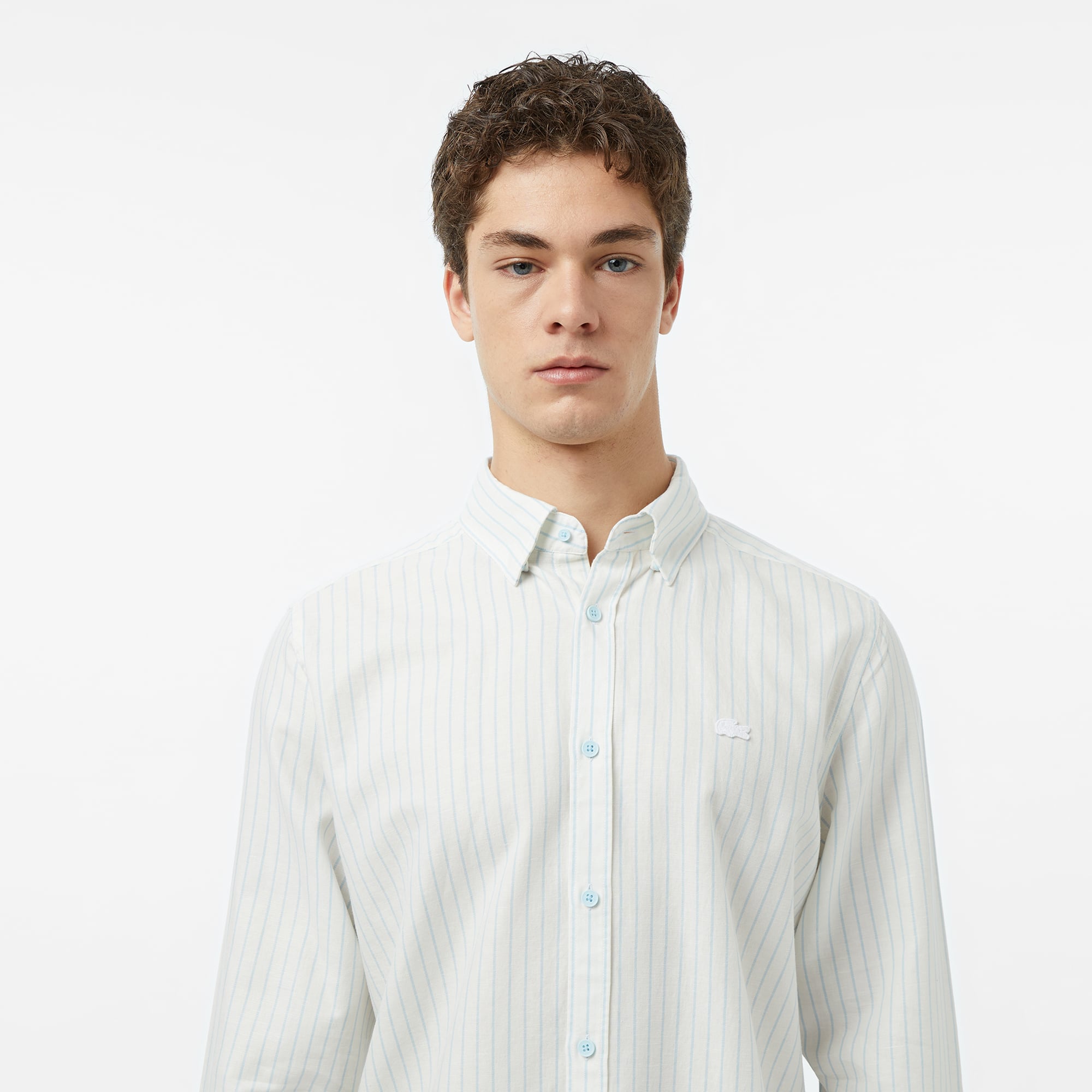 Lacoste Erkek Reguar Fit Çizgili Keten Beyaz Gömlek görsel 6