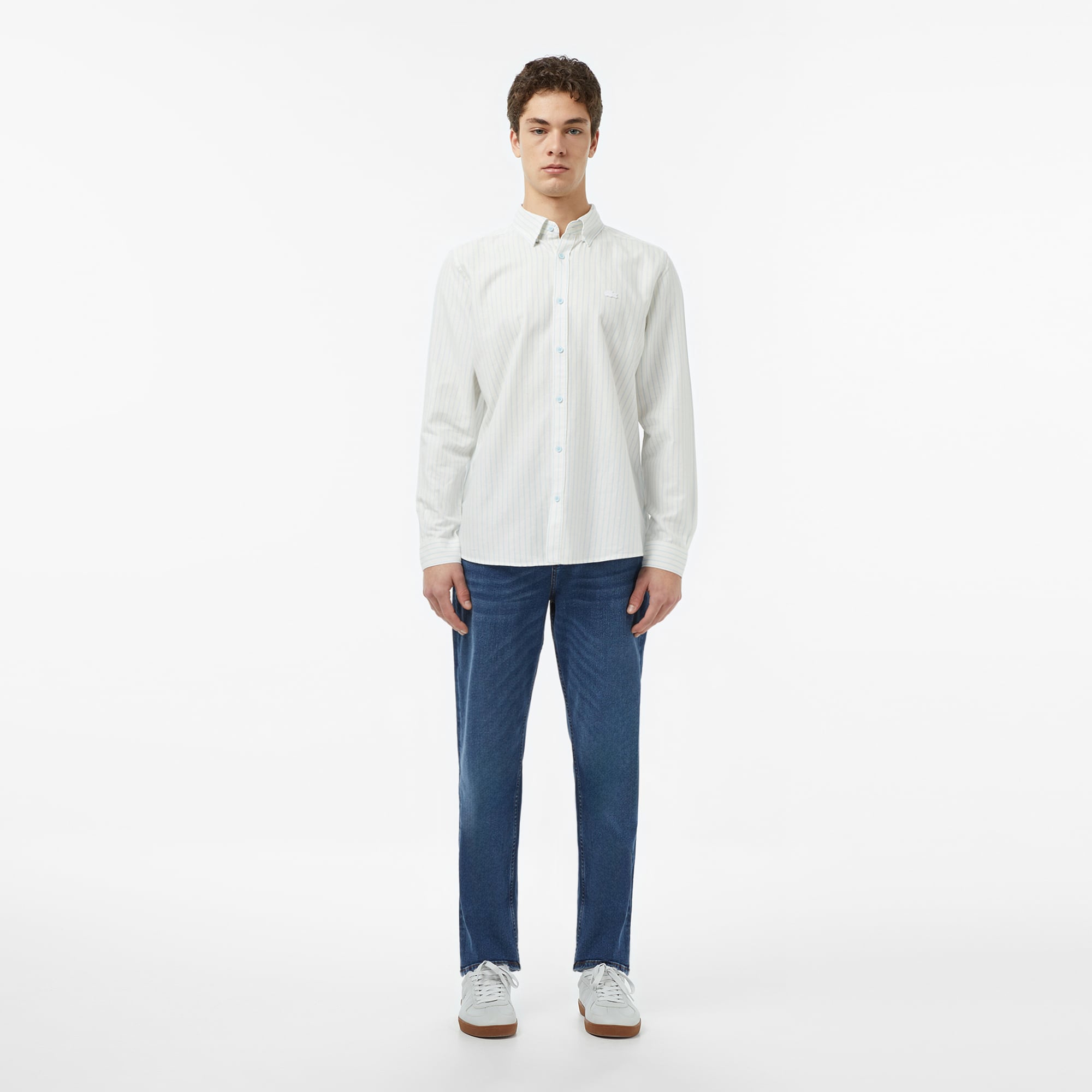 Lacoste Erkek Reguar Fit Çizgili Keten Beyaz Gömlek görsel 5