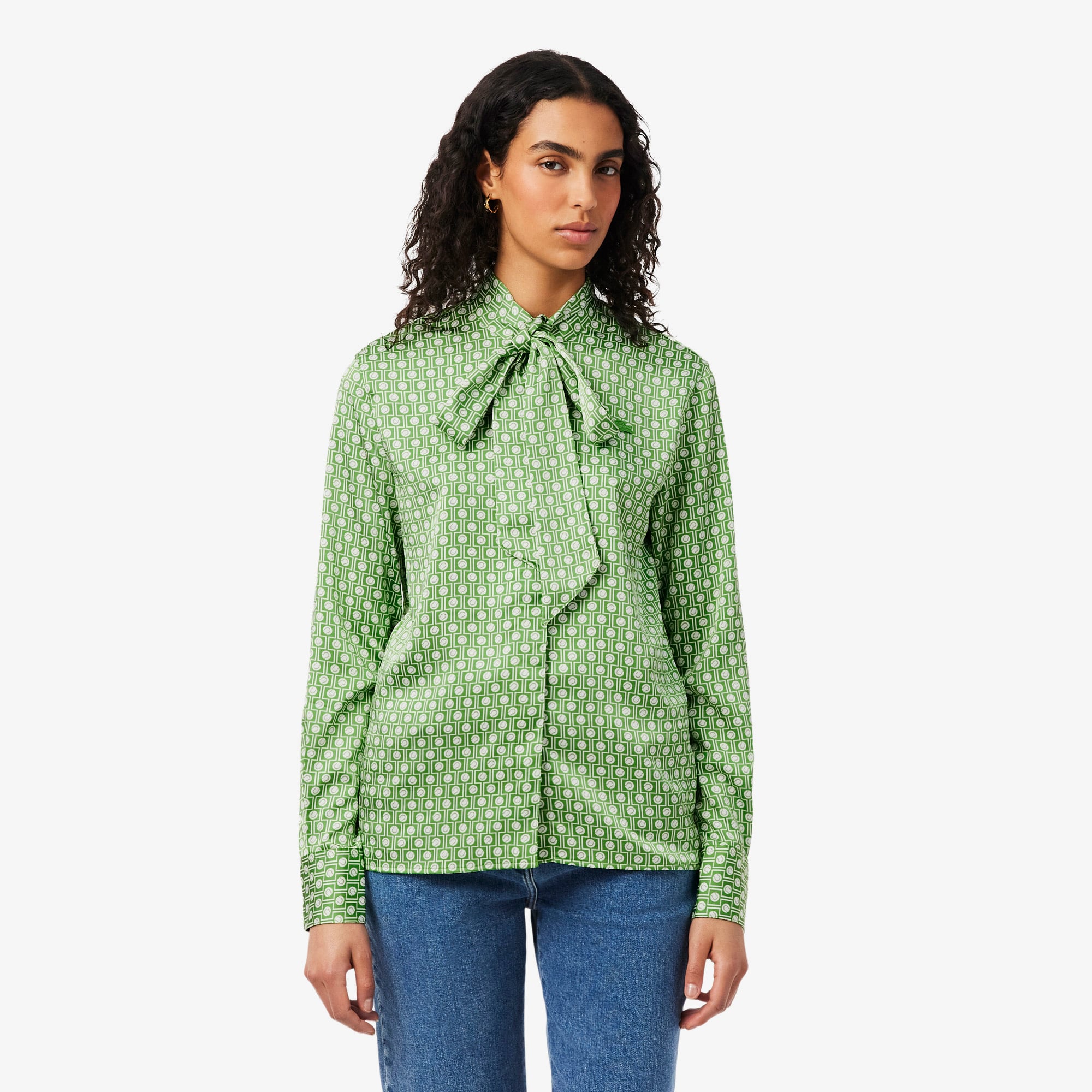 Lacoste Kadın Regular Fit Desenli Yeşil Gömlek