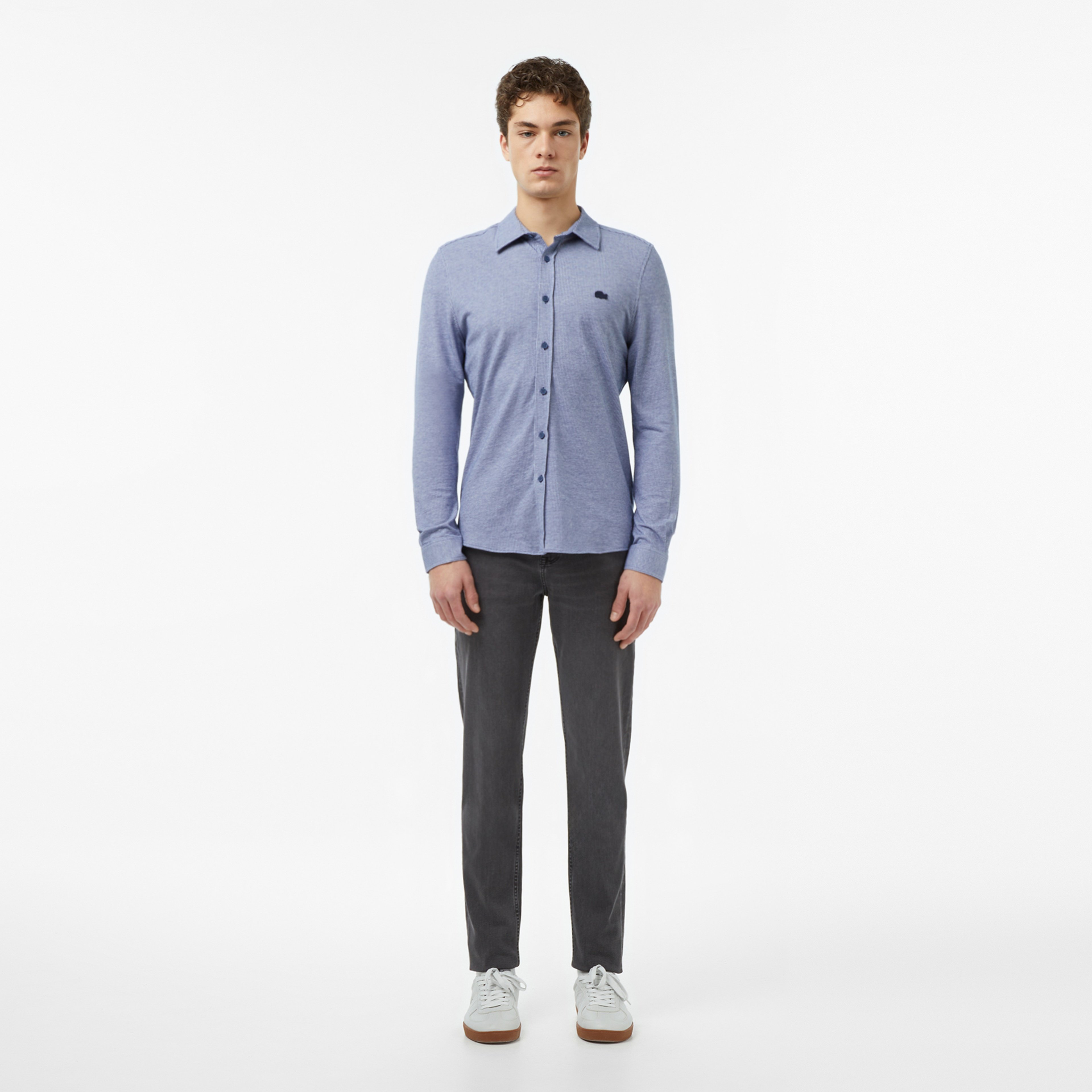 Erkek Slim Fit Düğmeli Yaka Koyu Mavi Gömlek