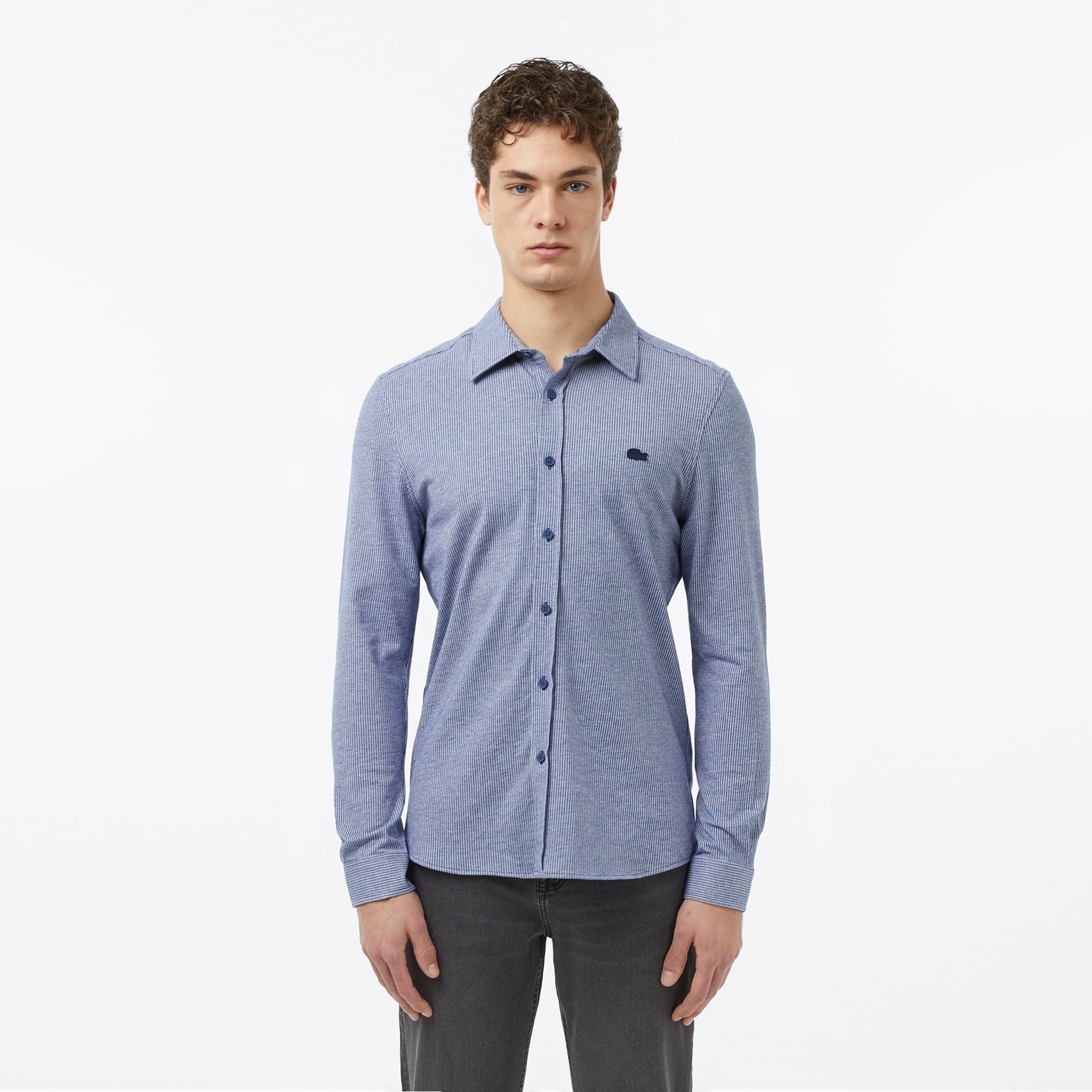 Erkek Slim Fit Düğmeli Yaka Koyu Mavi Gömlek