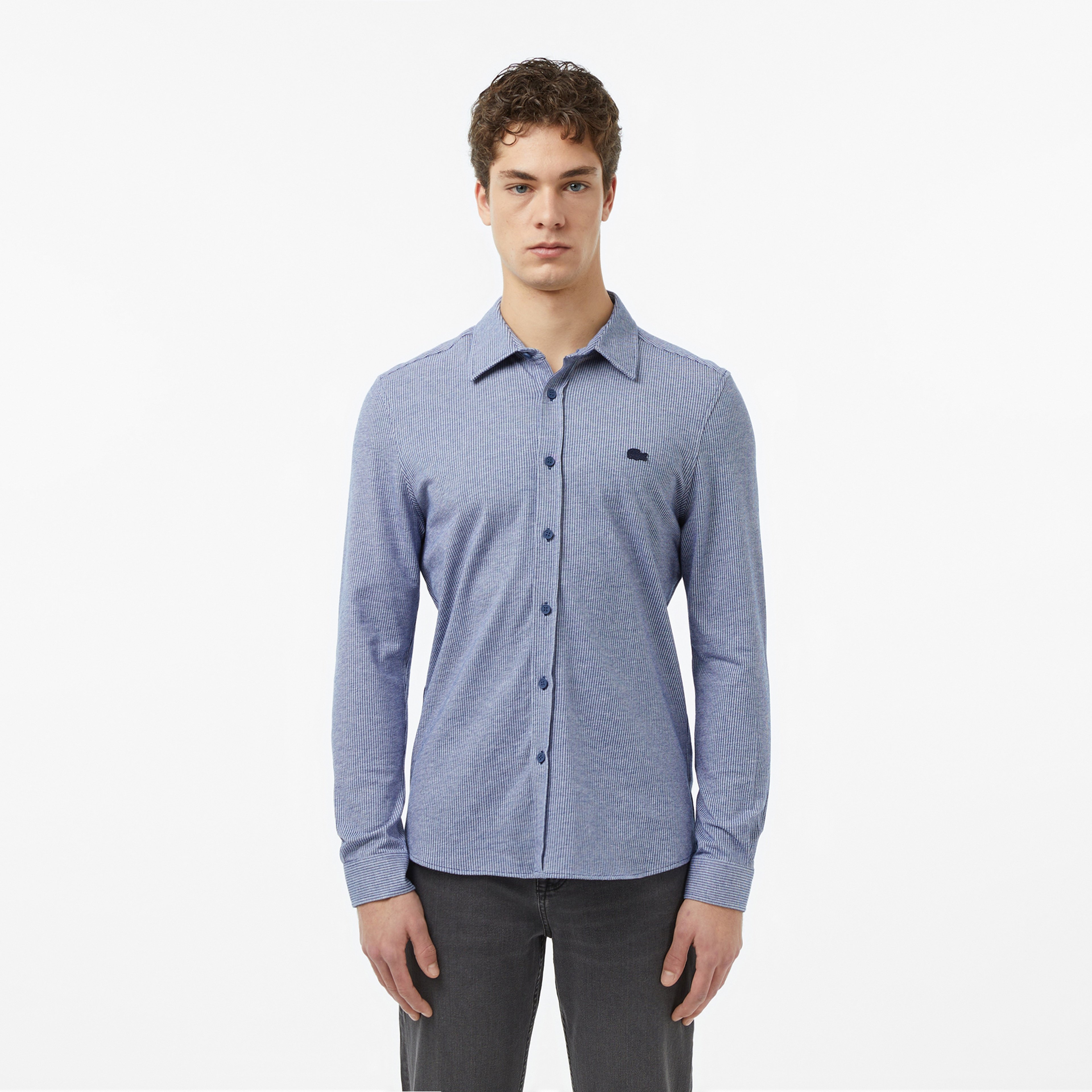 Erkek Slim Fit Düğmeli Yaka Koyu Mavi Gömlek